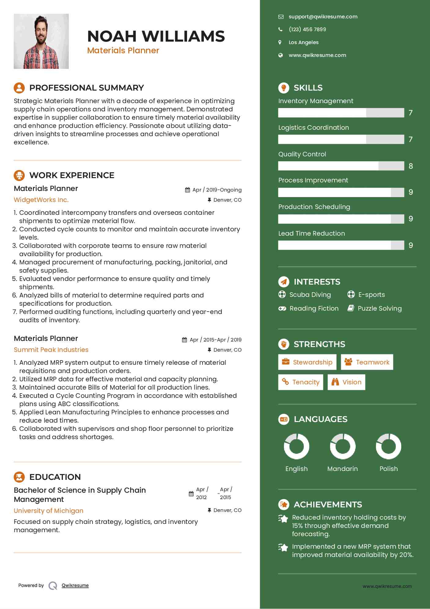 Materials Planner Resume Model