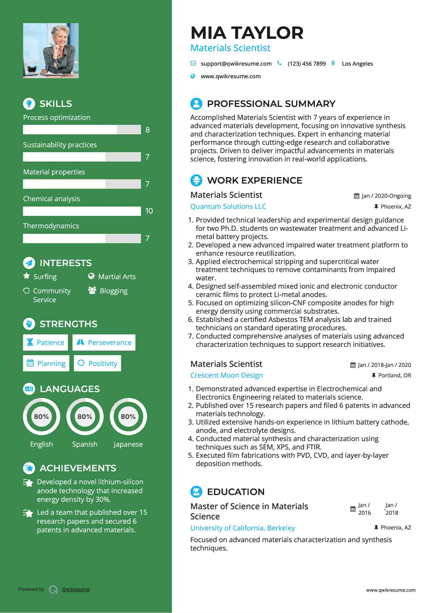 Materials Scientist Resume Sample