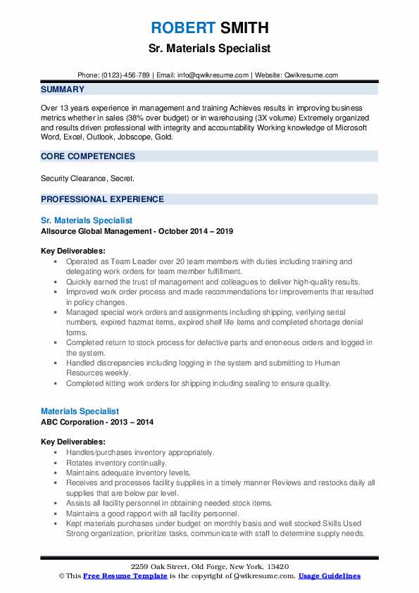 Materials Specialist Resume Samples QwikResume