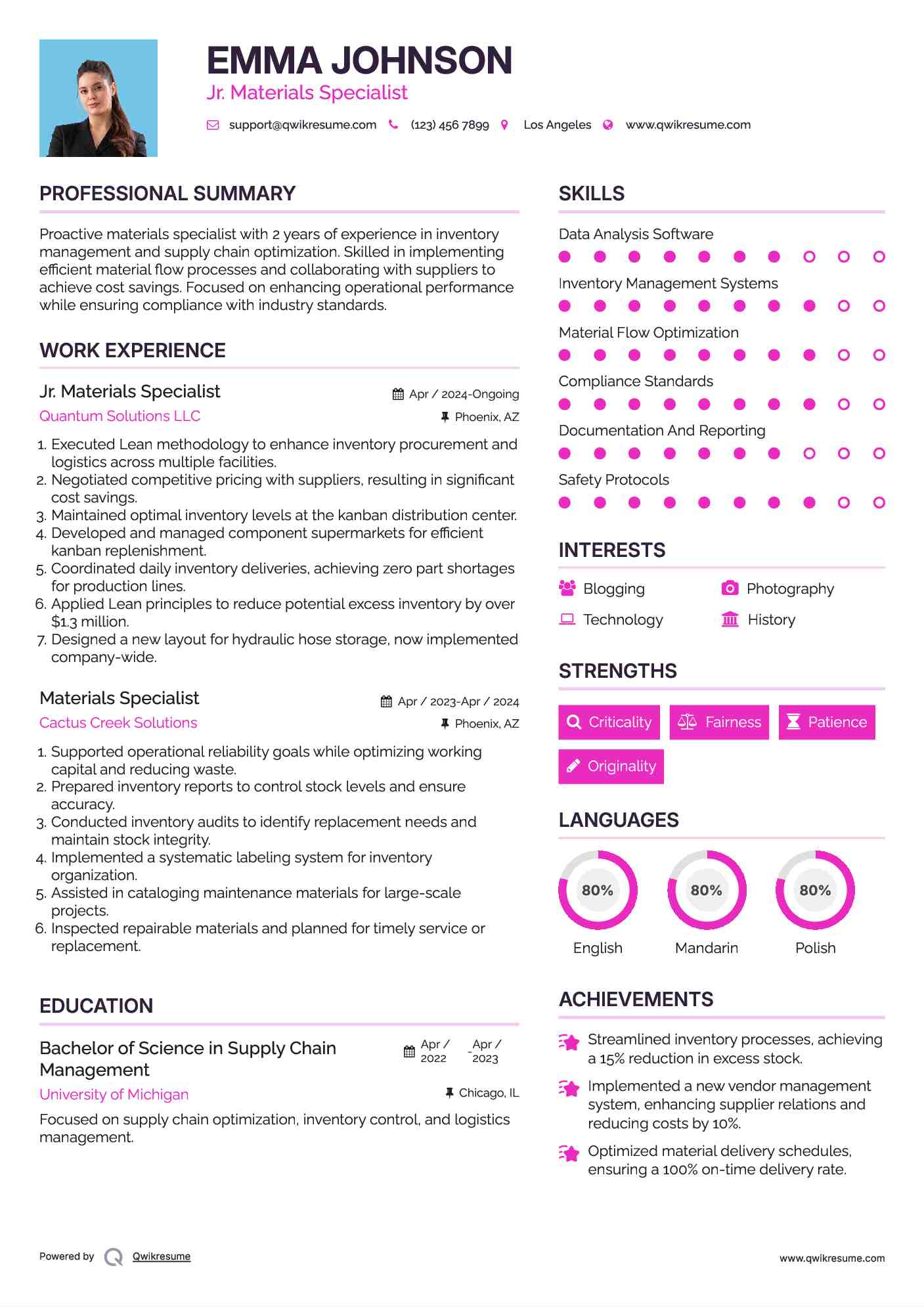Jr. Materials Specialist Resume Template