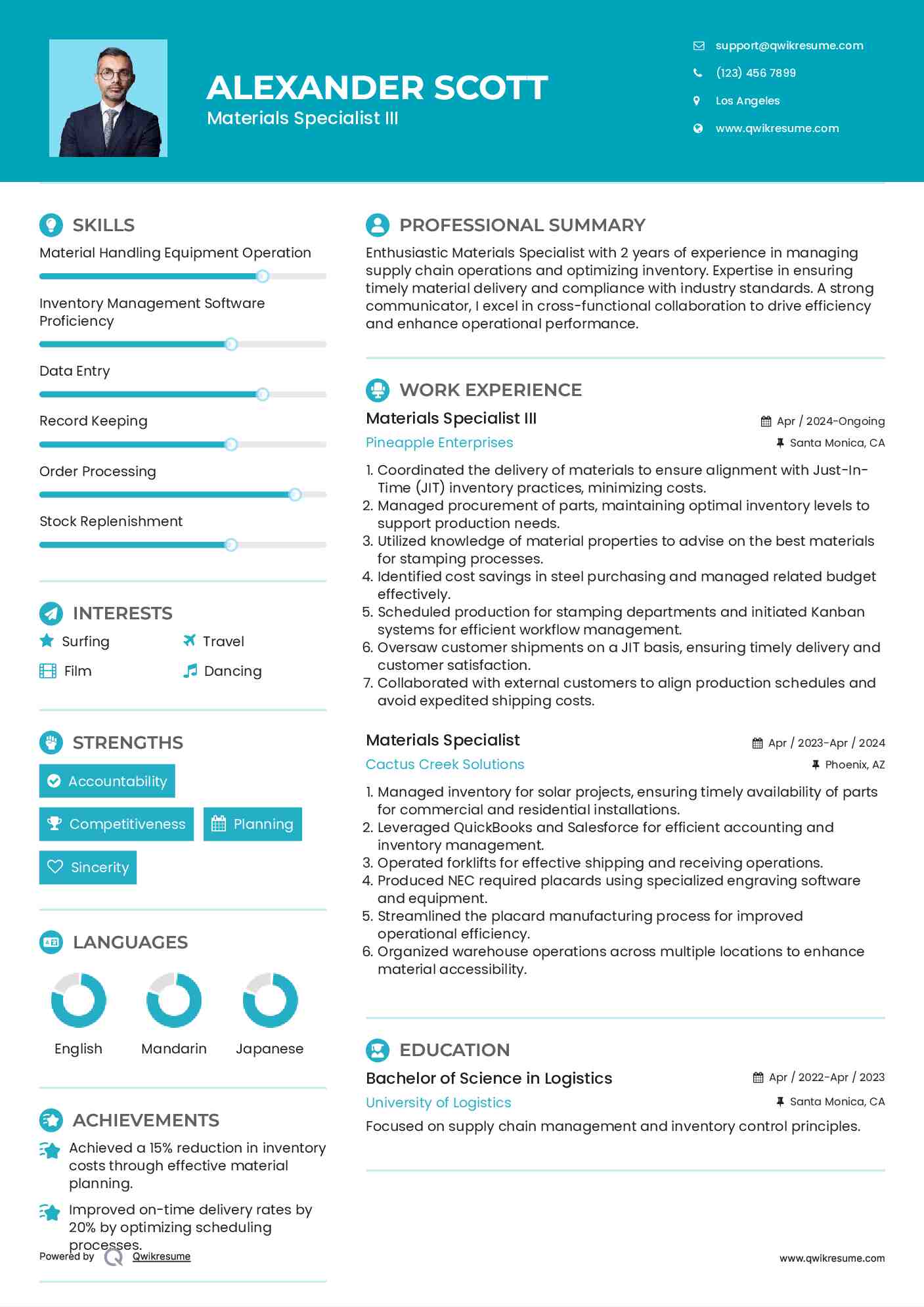 Materials Specialist III Resume Sample