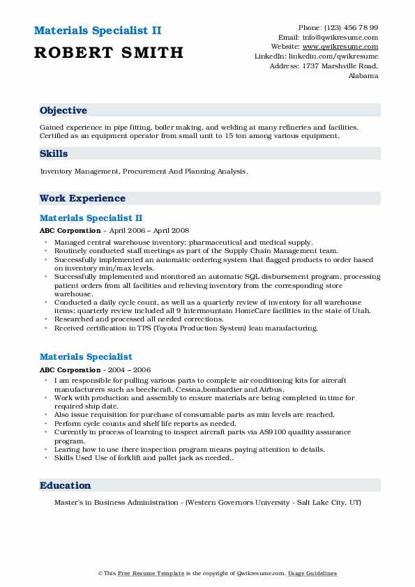 Materials Specialist Resume Samples QwikResume