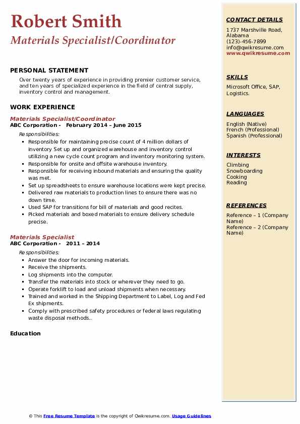 Materials Specialist Resume Samples QwikResume