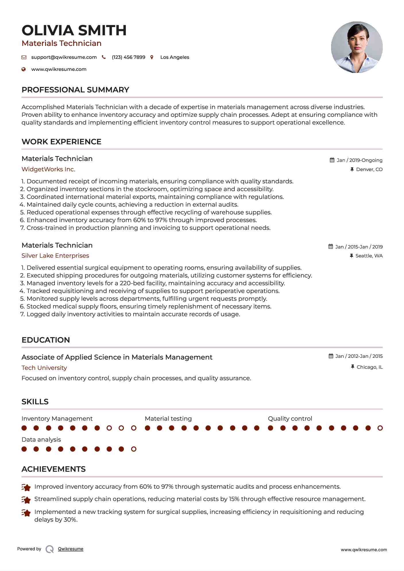 Materials Technician Resume Format