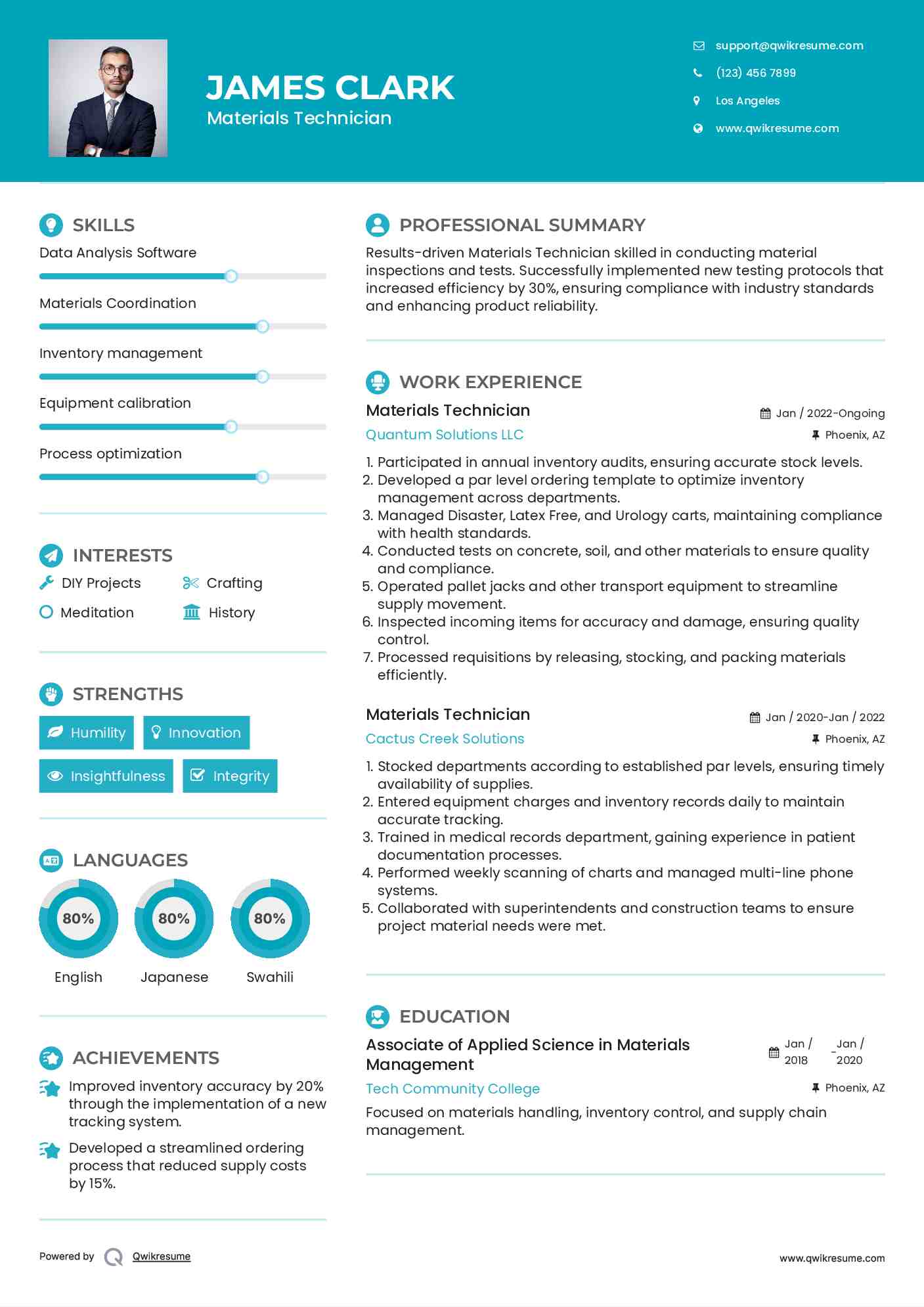 Materials Technician Resume Example