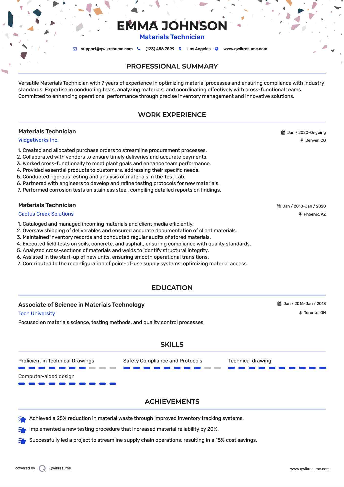 Materials Technician Resume Samples QwikResume
