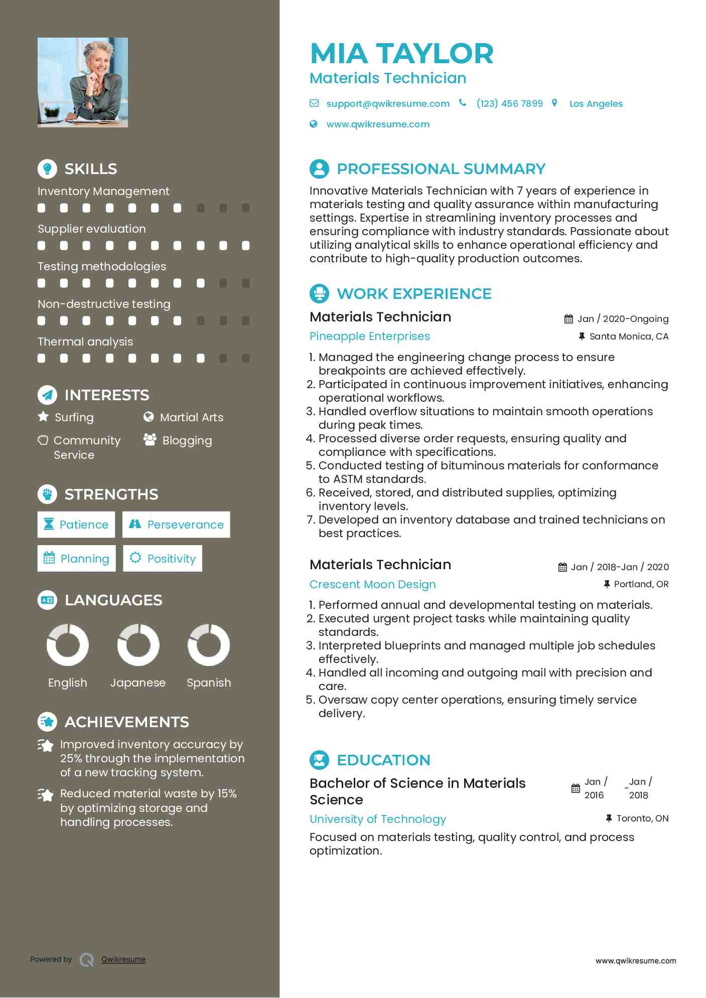 Materials Technician Resume Example