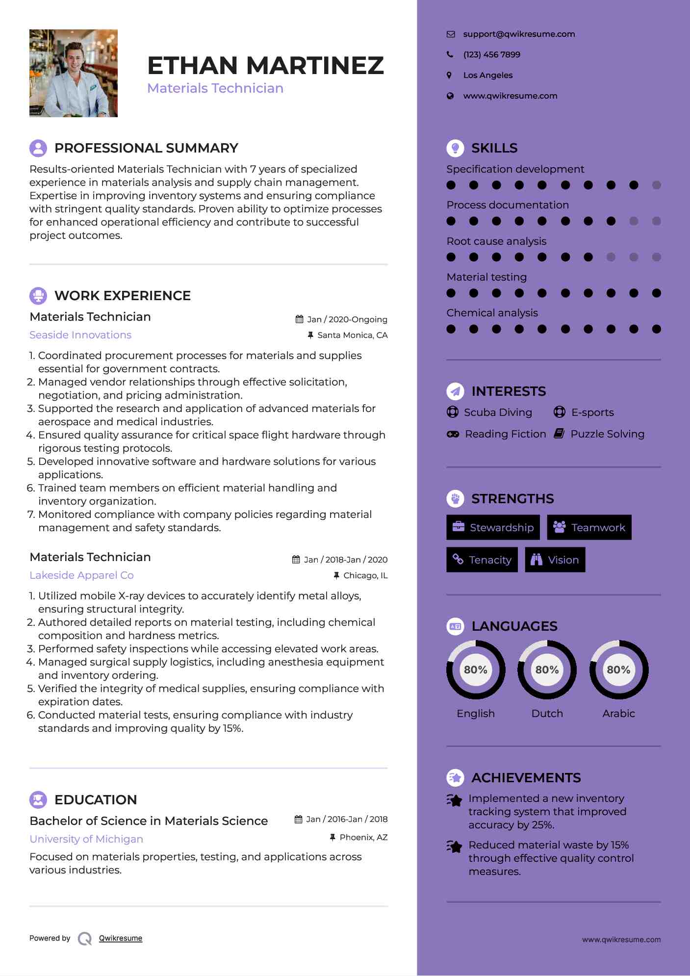 Materials Technician Resume Samples QwikResume