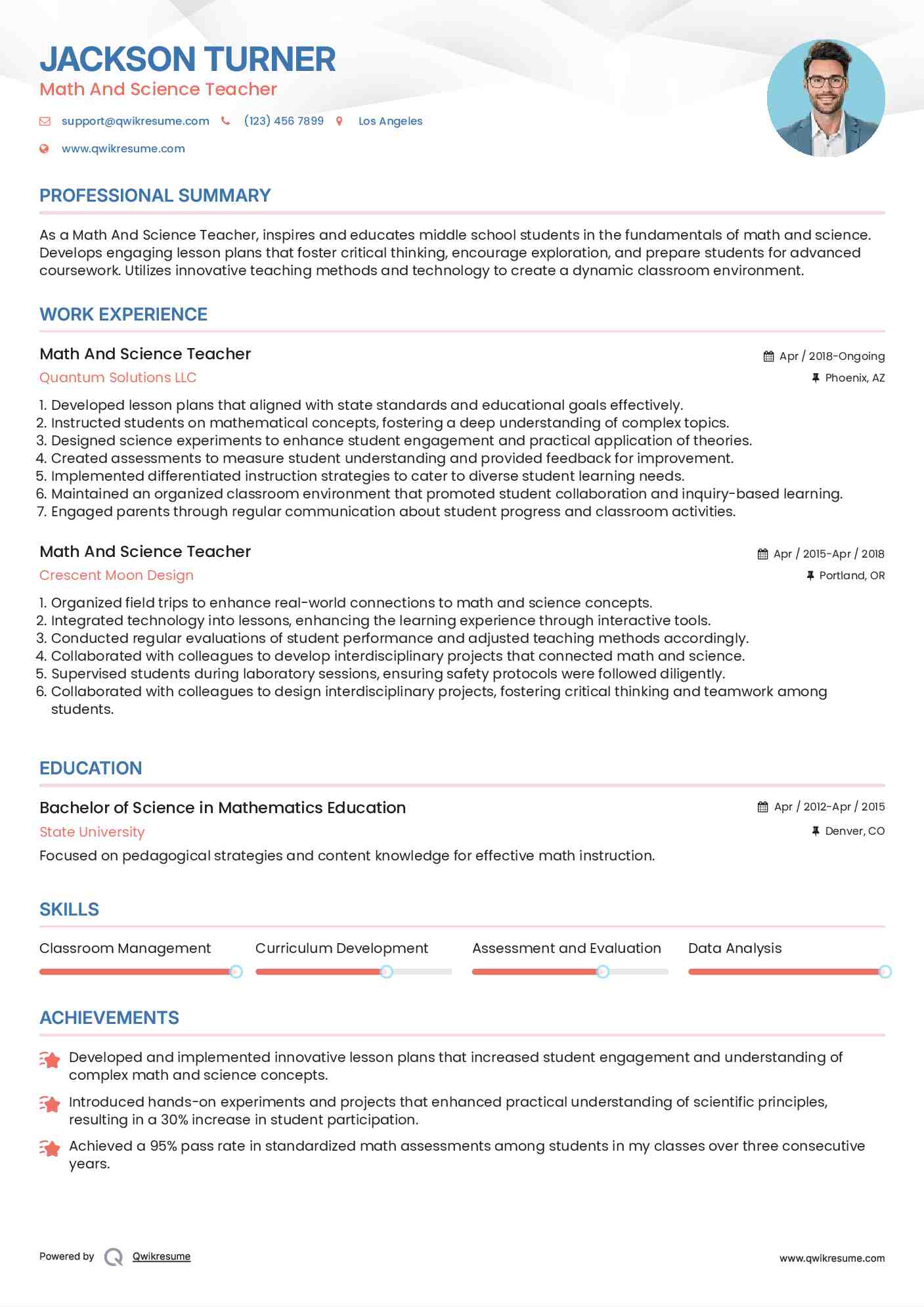 Math And Science Teacher Resume Sample