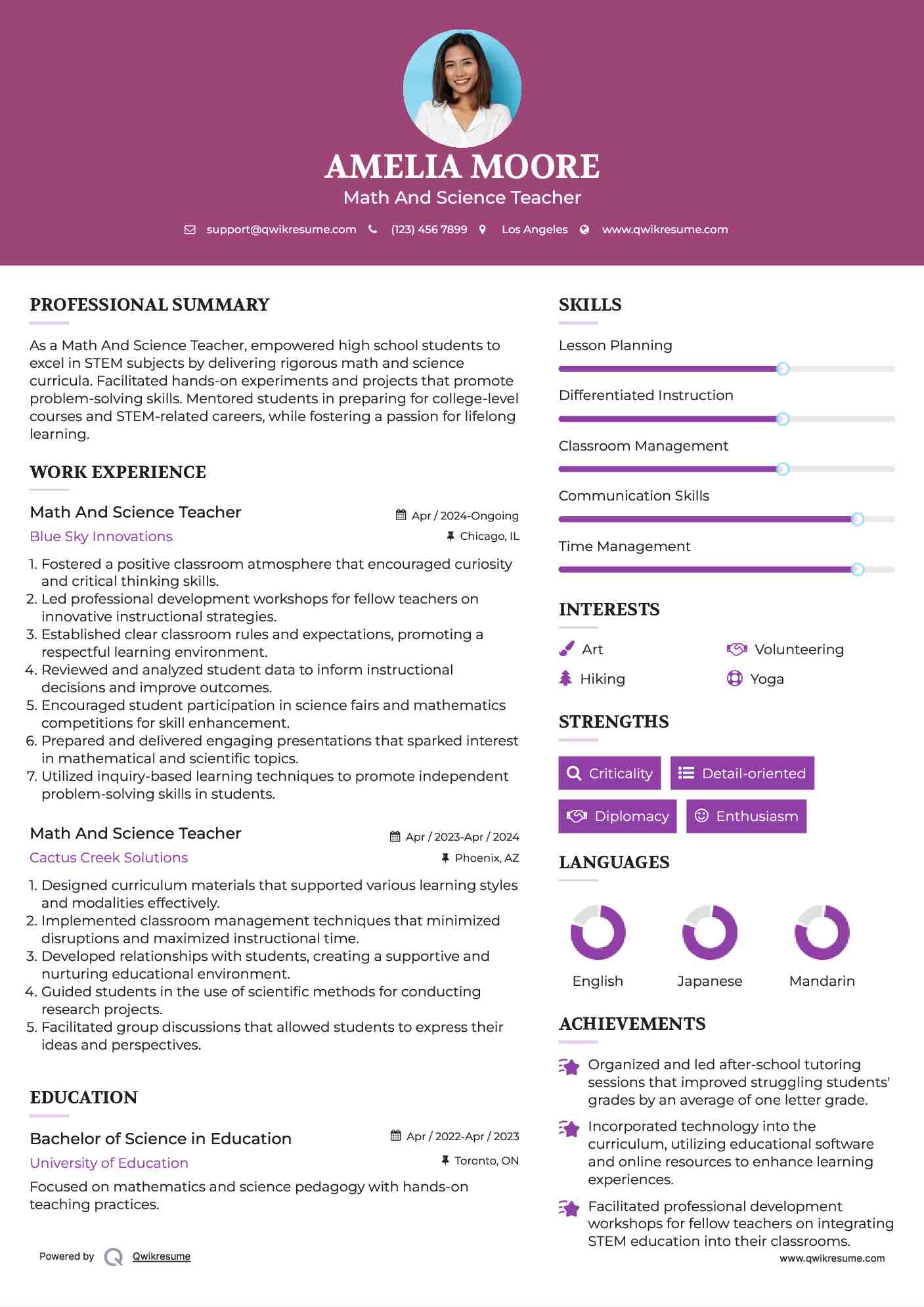 Math And Science Teacher Resume Sample