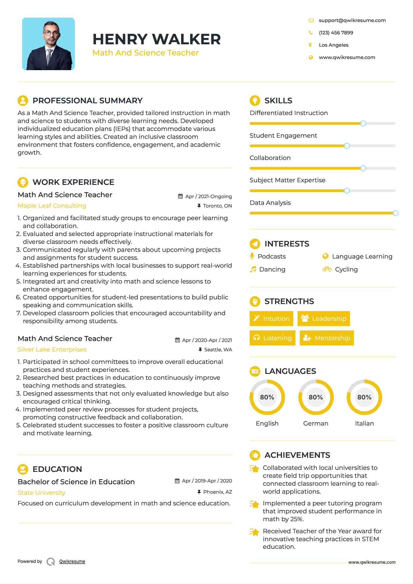 Math And Science Teacher Resume Template