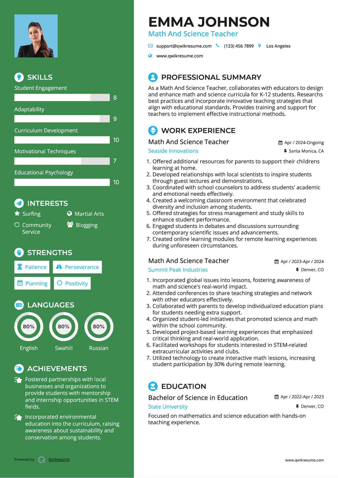 Math And Science Teacher Resume Format