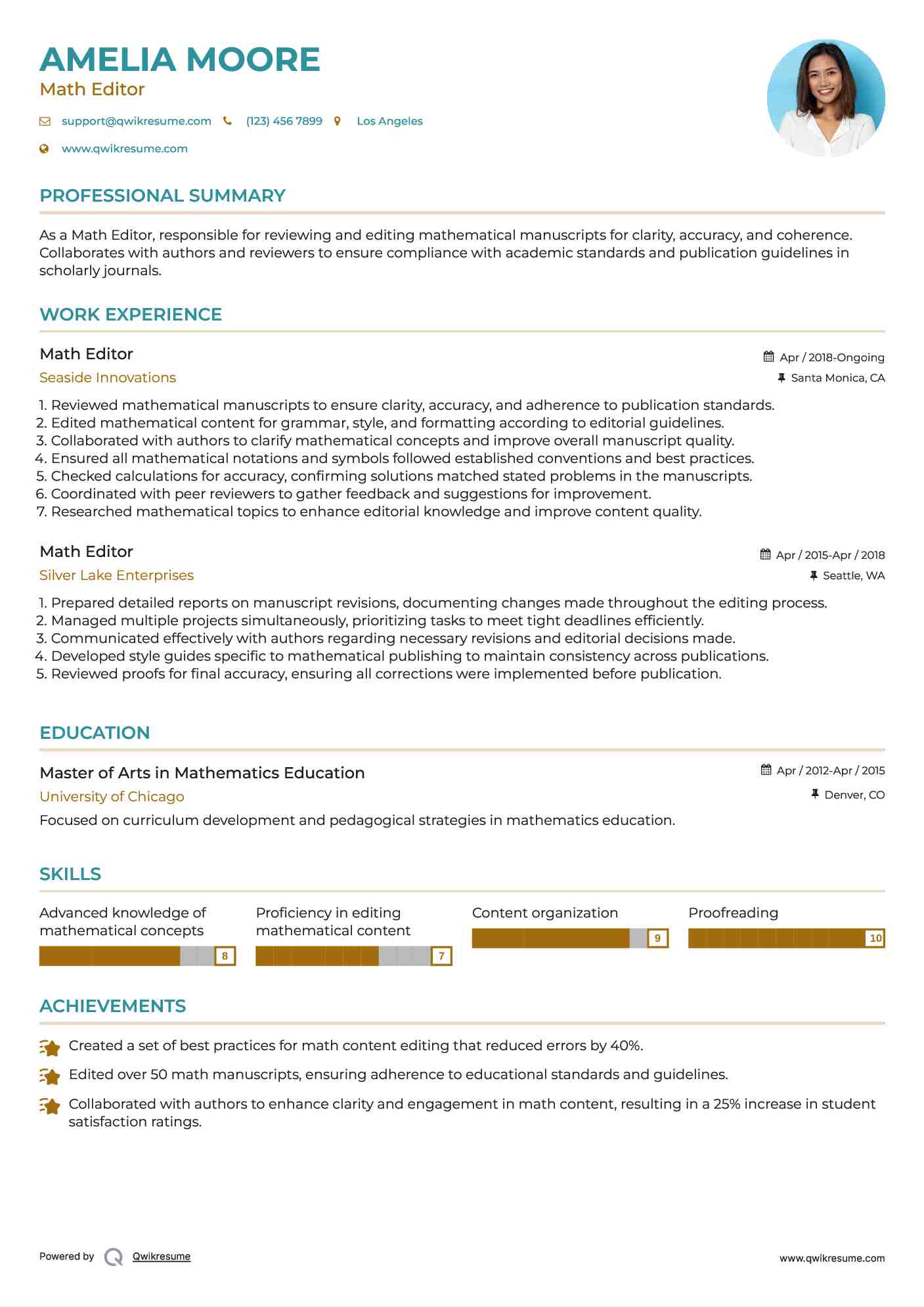 Math Editor Resume Sample