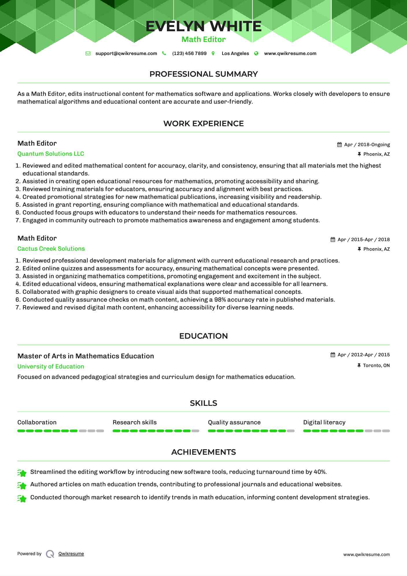 Math Editor Resume Format