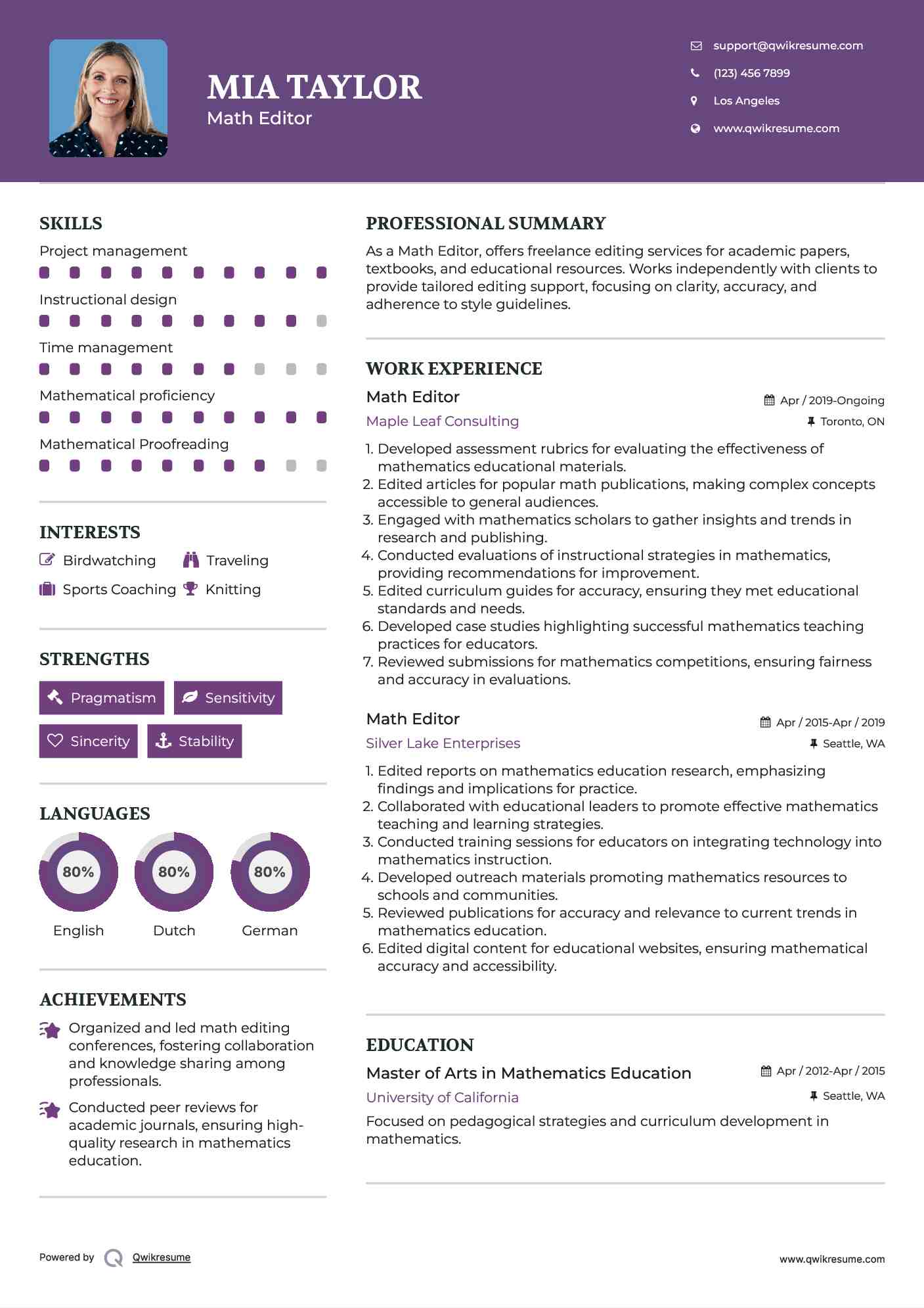 Math Editor Resume Template
