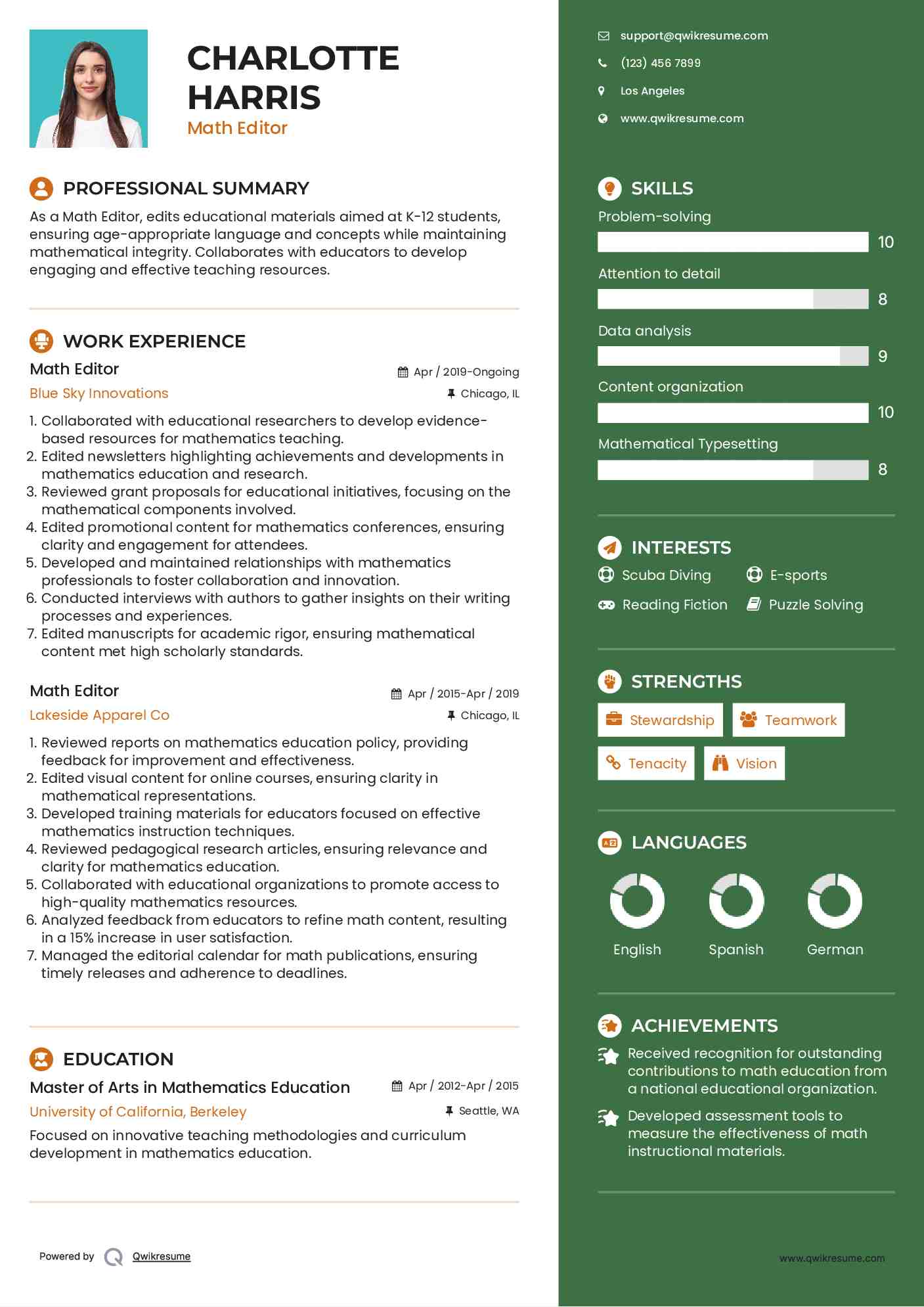 Math Editor Resume Template