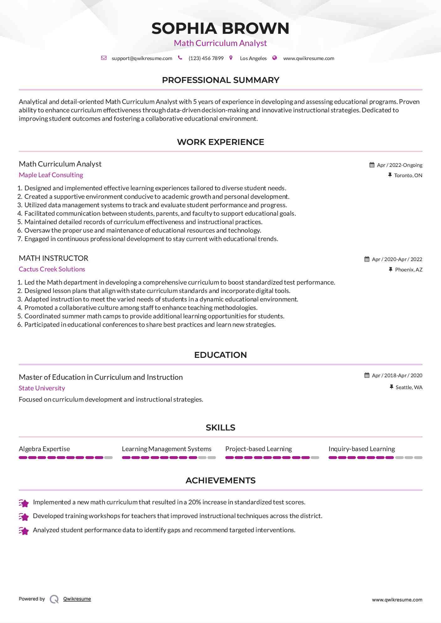 Math Curriculum Analyst Resume Template