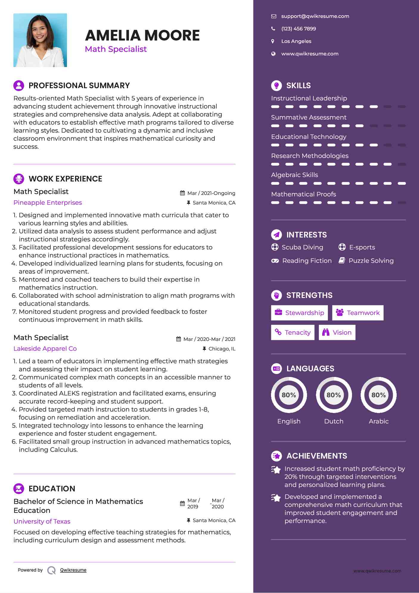Math Specialist Resume Sample