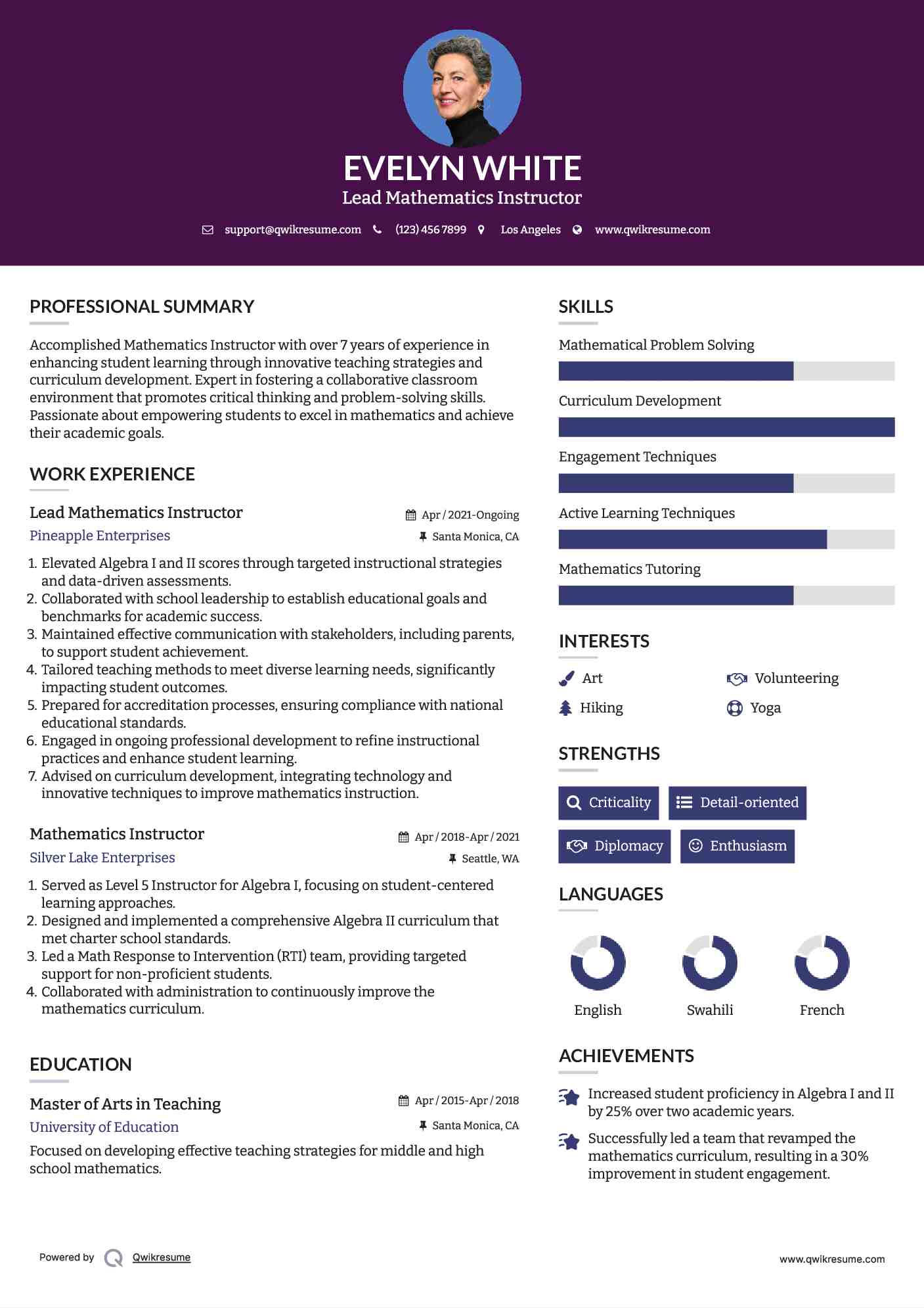 Lead Mathematics Instructor Resume Model