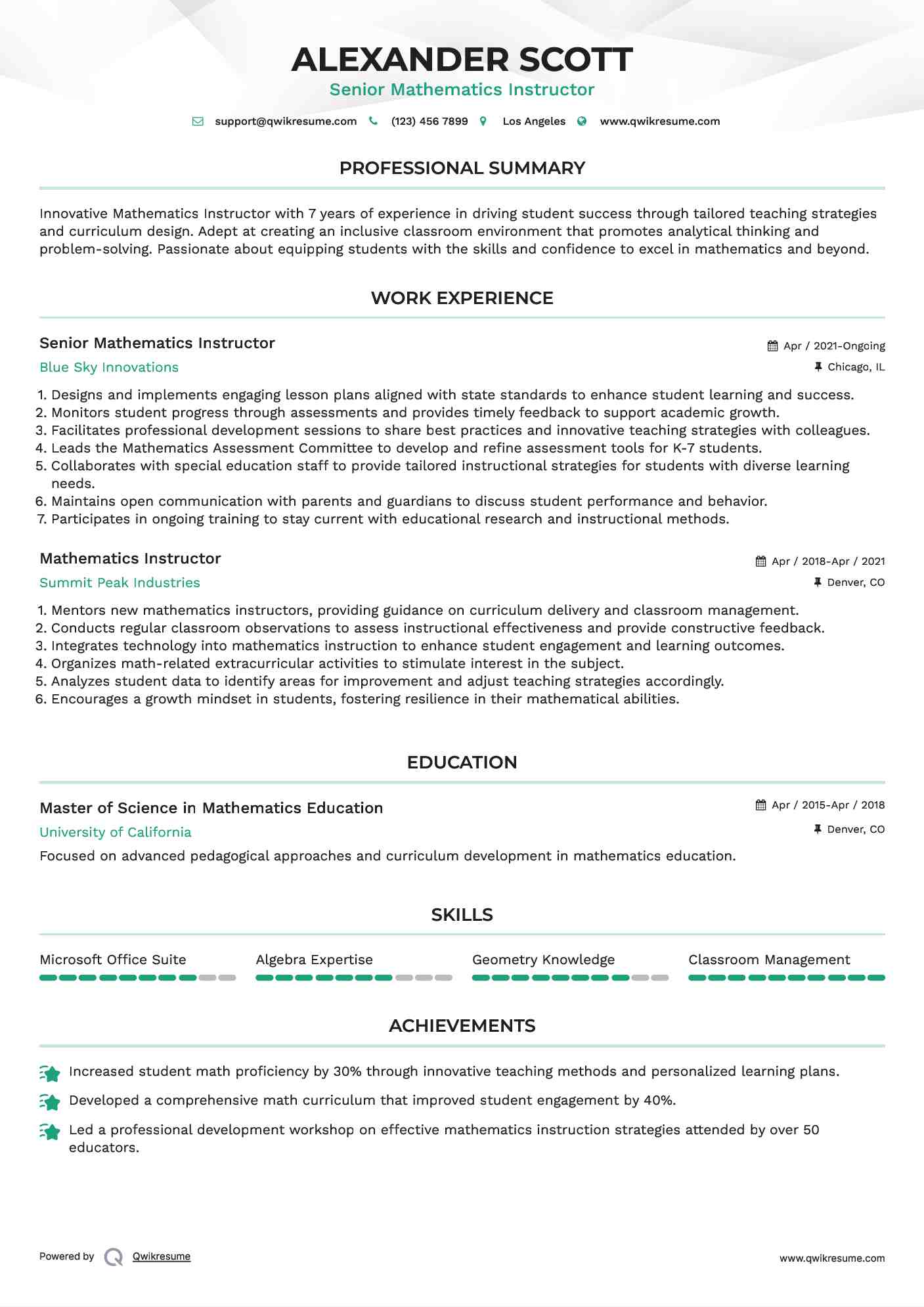 Senior Mathematics Instructor Resume Sample