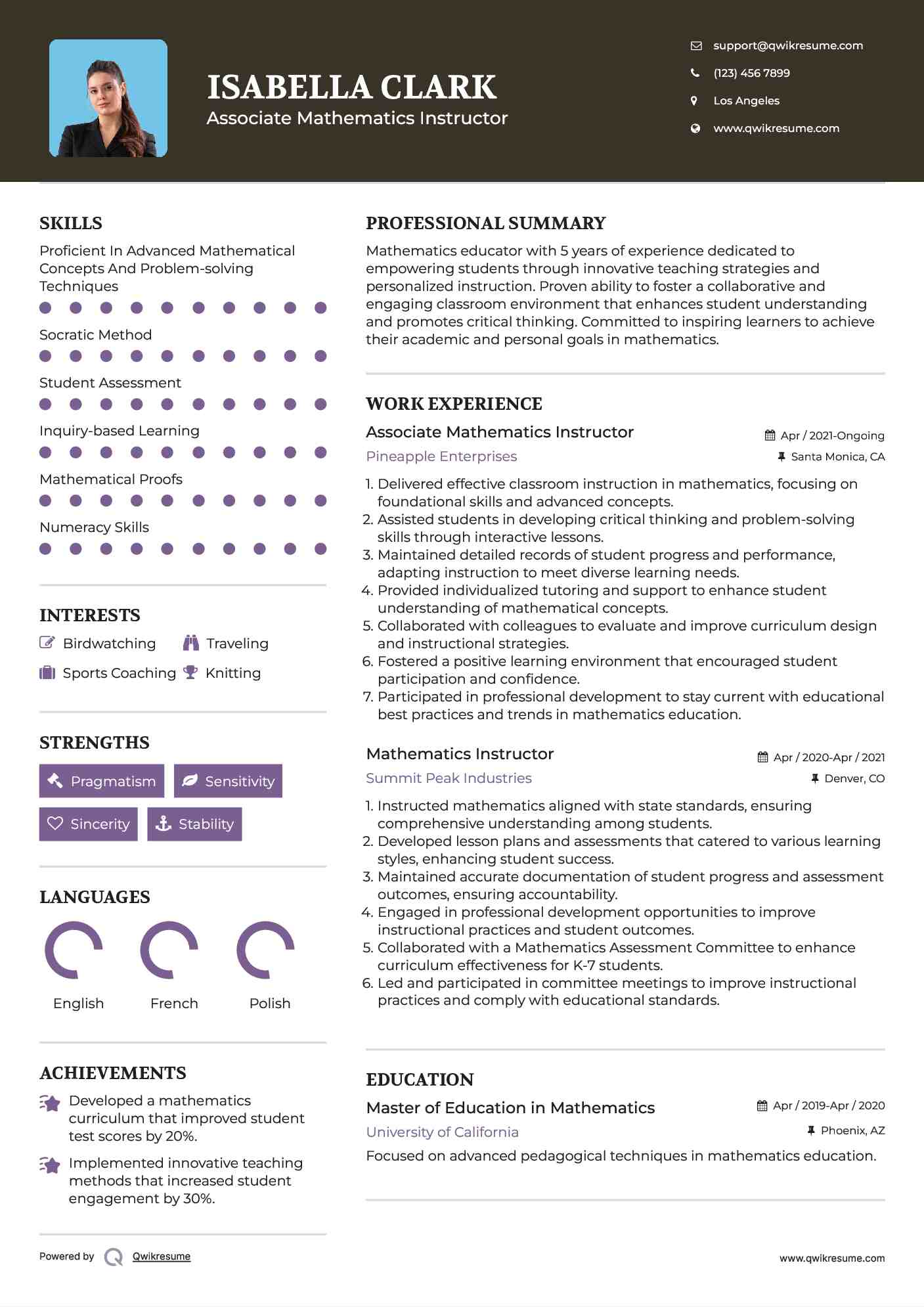 Associate Mathematics Instructor
 Resume Example