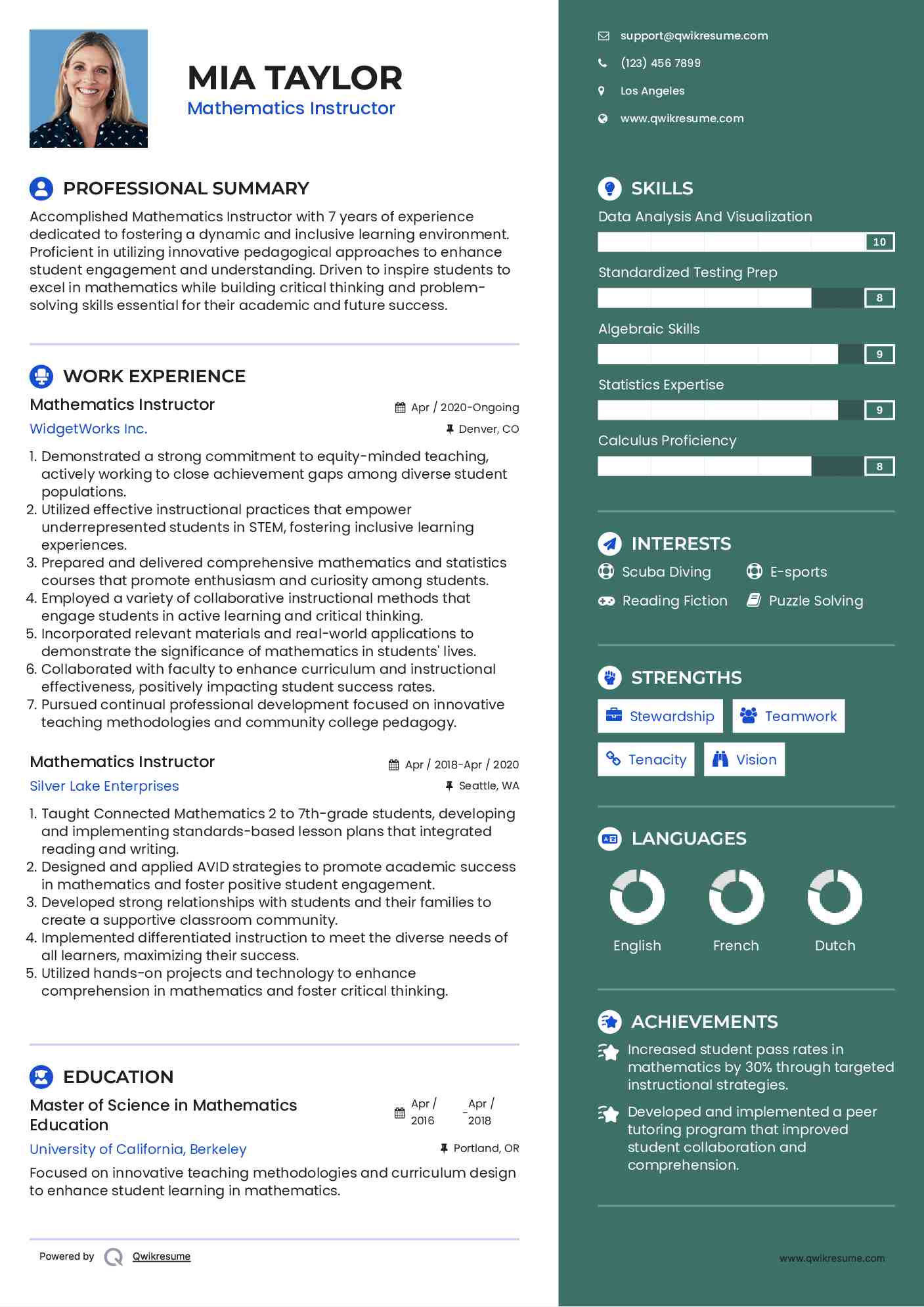 Mathematics Instructor Resume Format