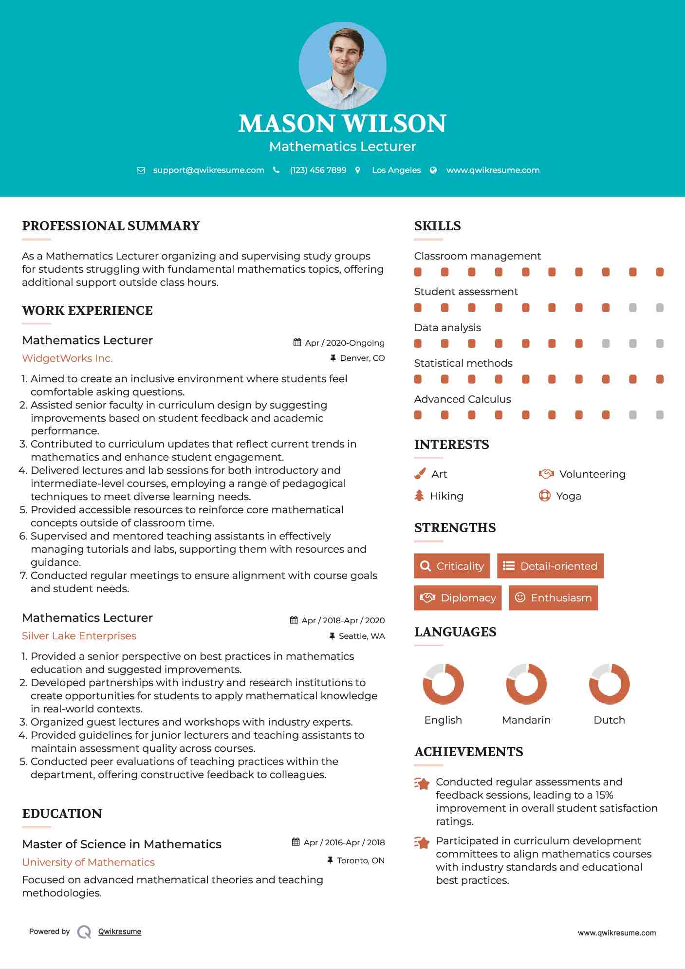 Mathematics Lecturer Resume Sample