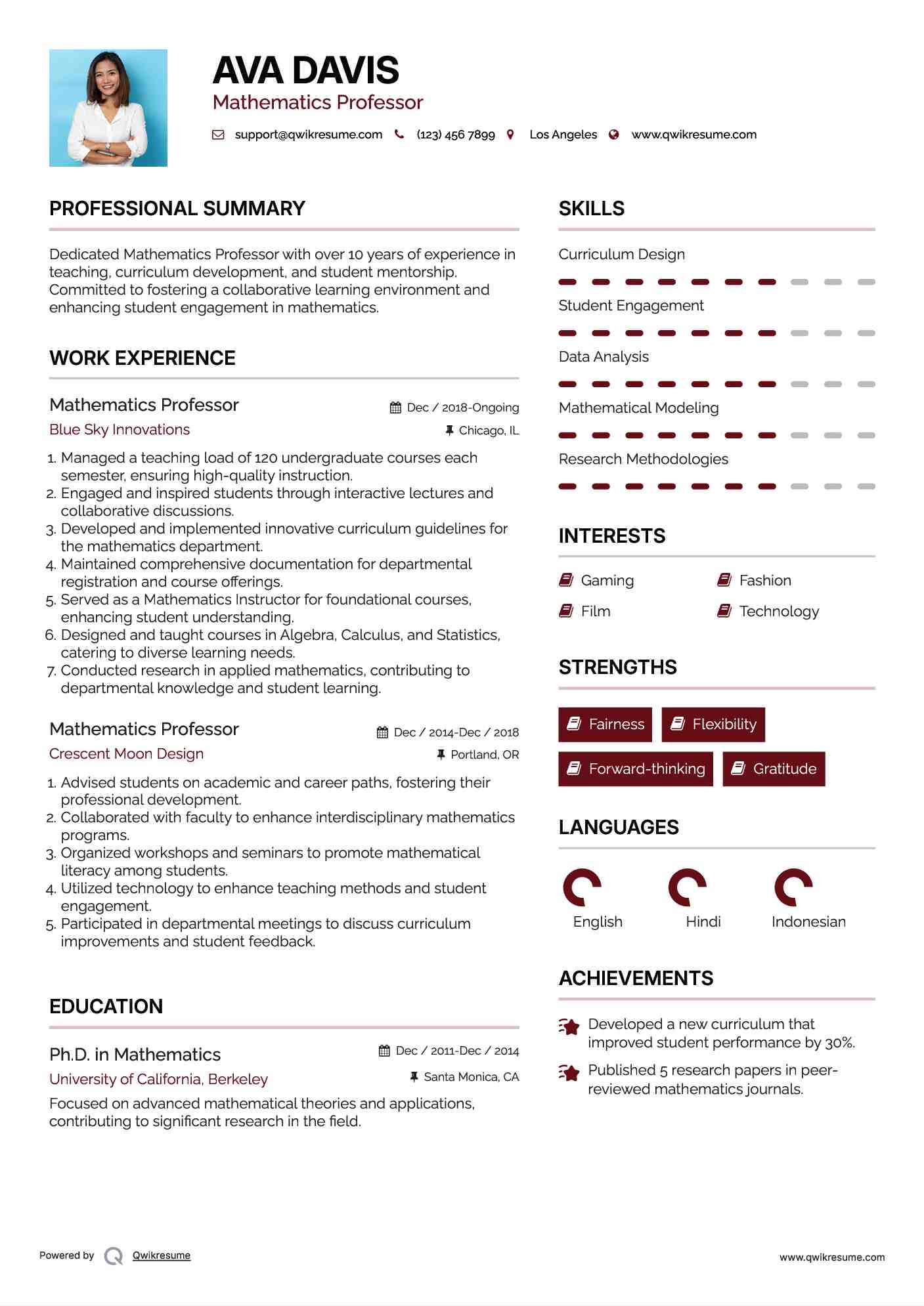 Mathematics Professor Resume Sample