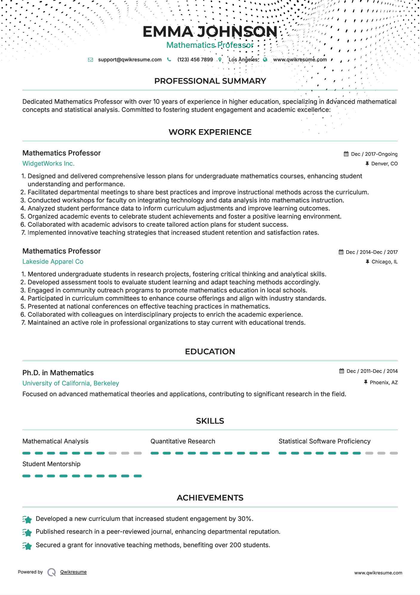 Mathematics Professor Resume Example