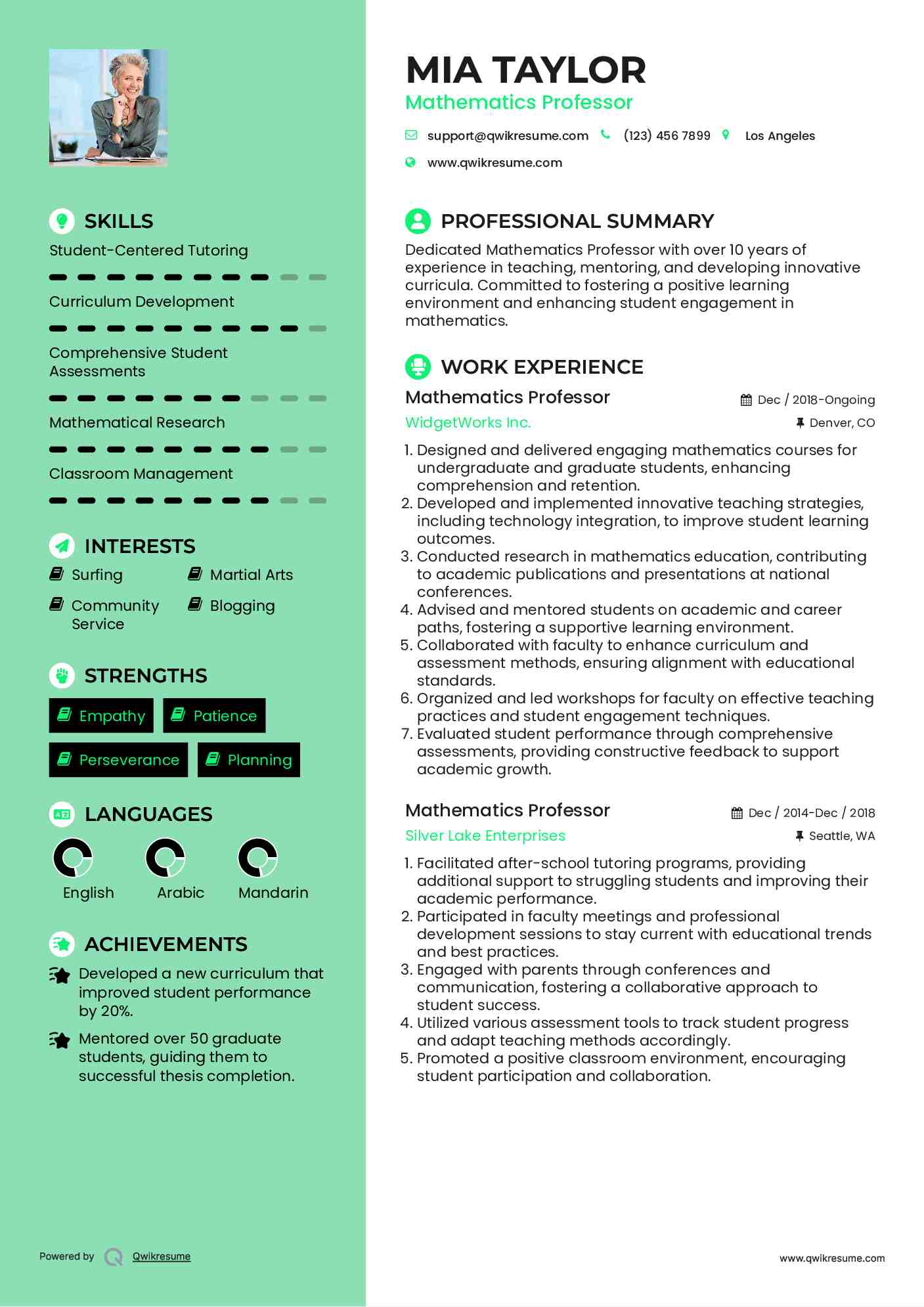 Mathematics Professor Resume Example