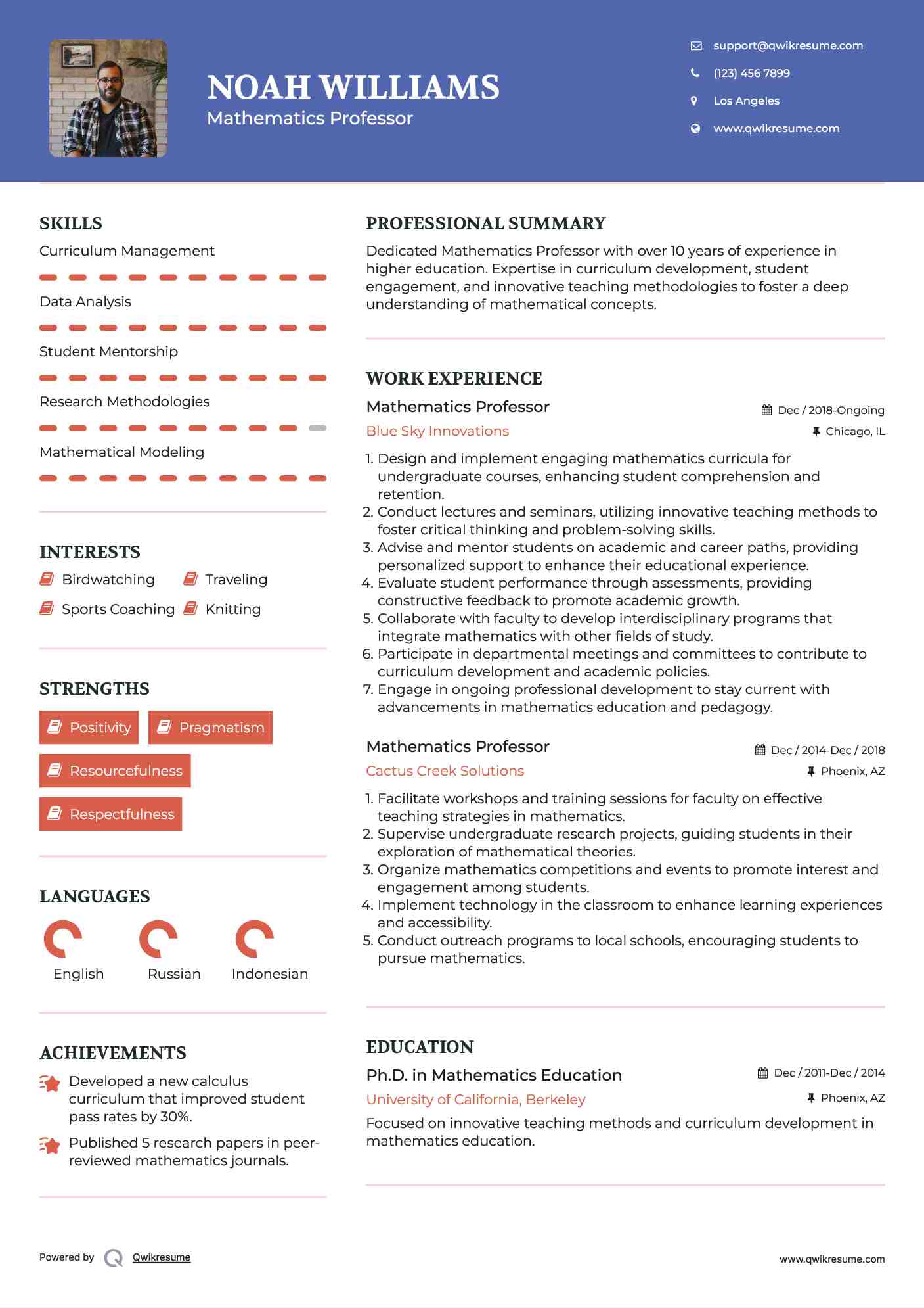 Mathematics Professor Resume Sample