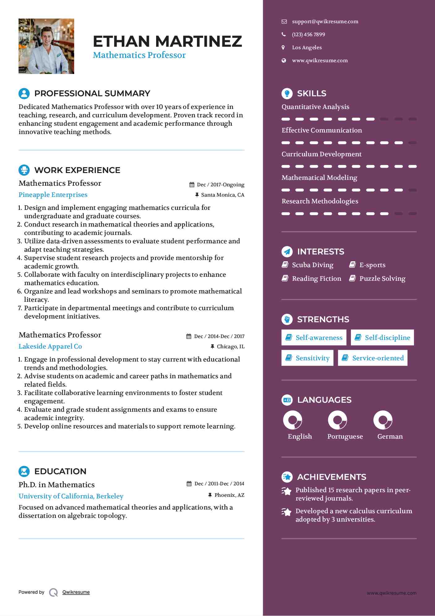 Mathematics Professor Resume Sample