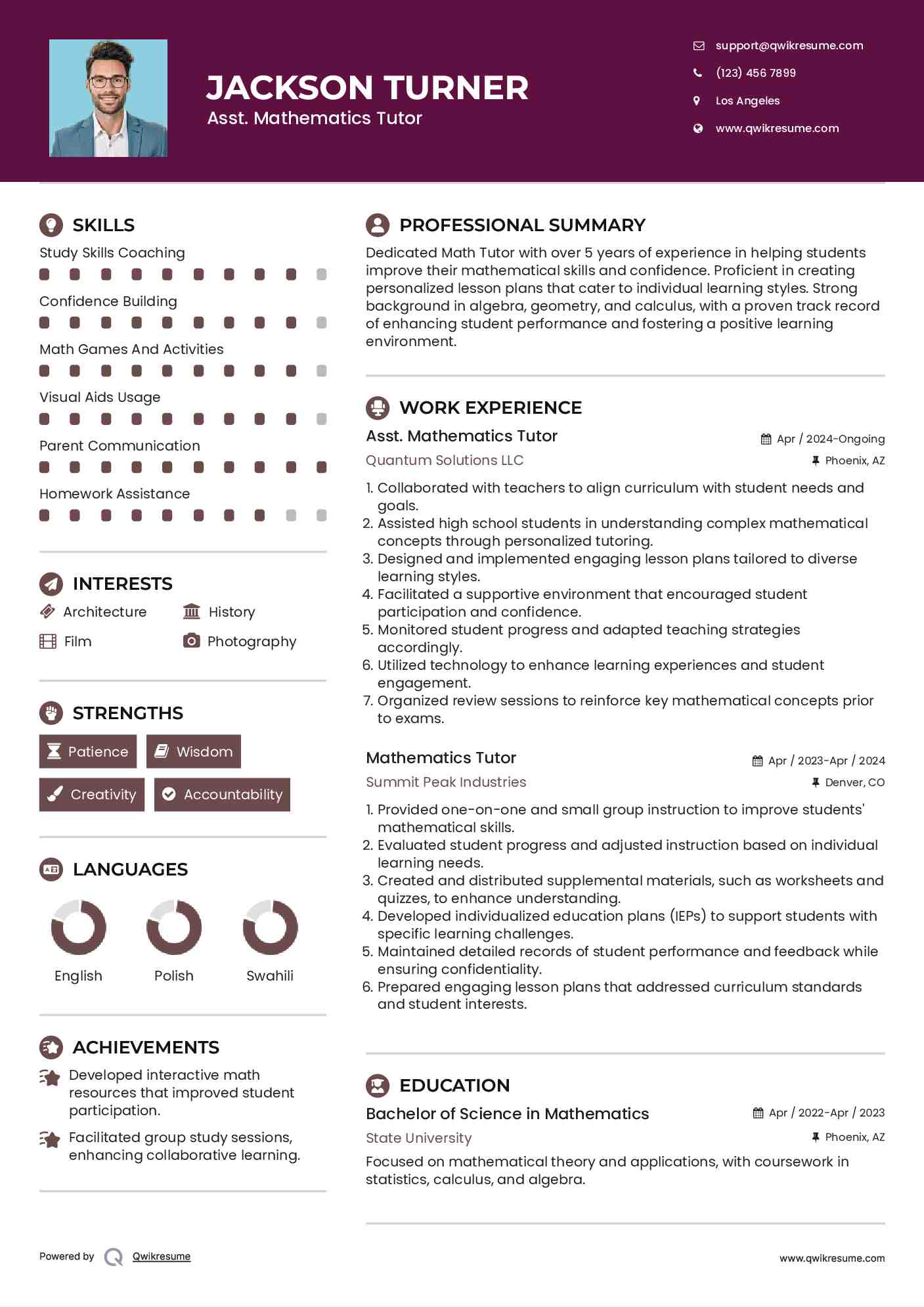 Asst. Mathematics Tutor Resume Format