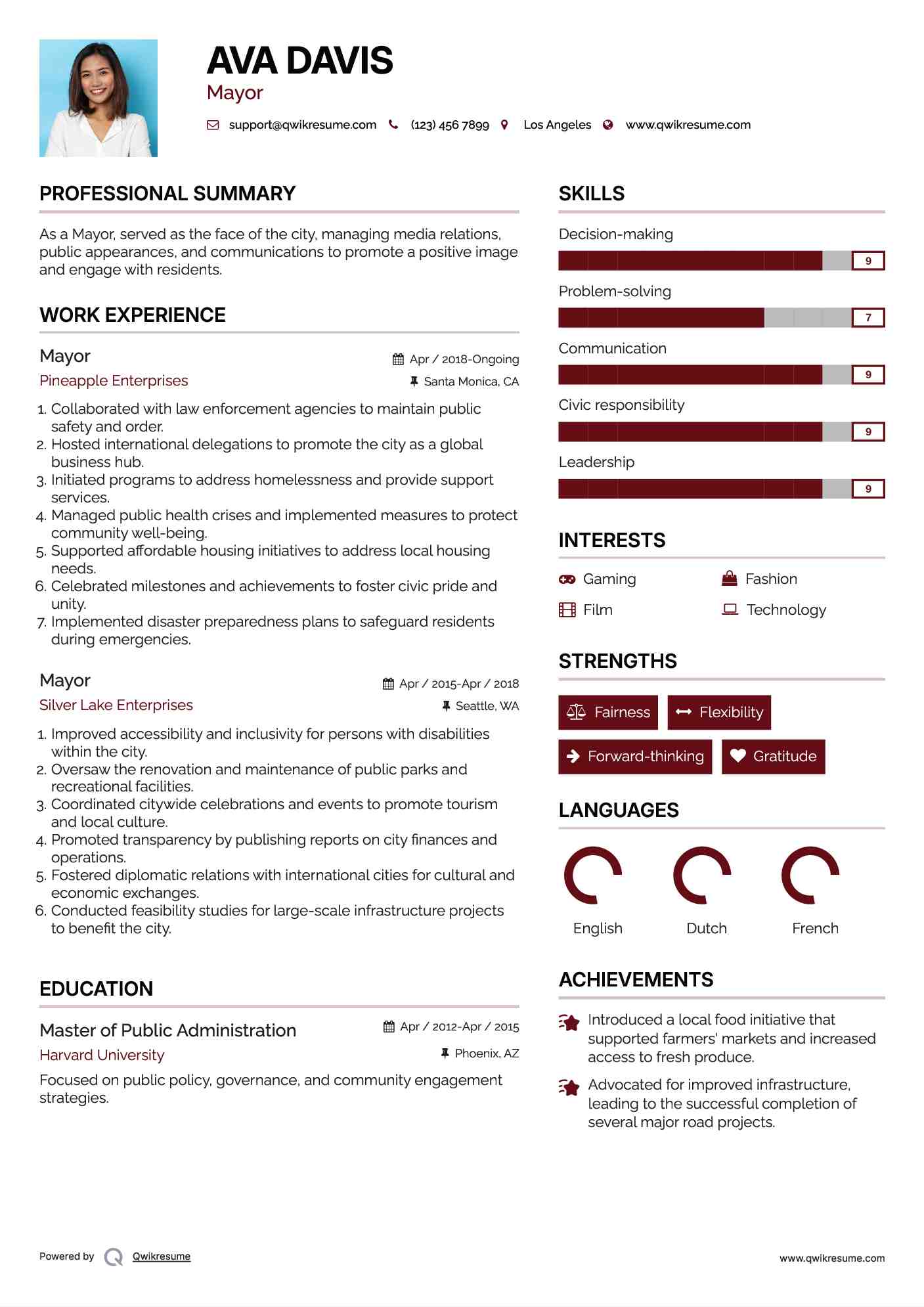 Mayor Resume Sample
