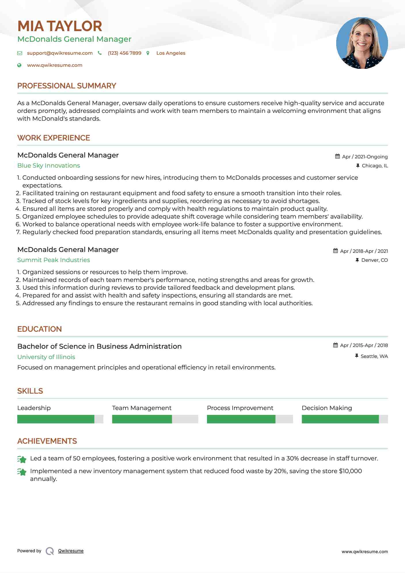 McDonalds General Manager Resume Example