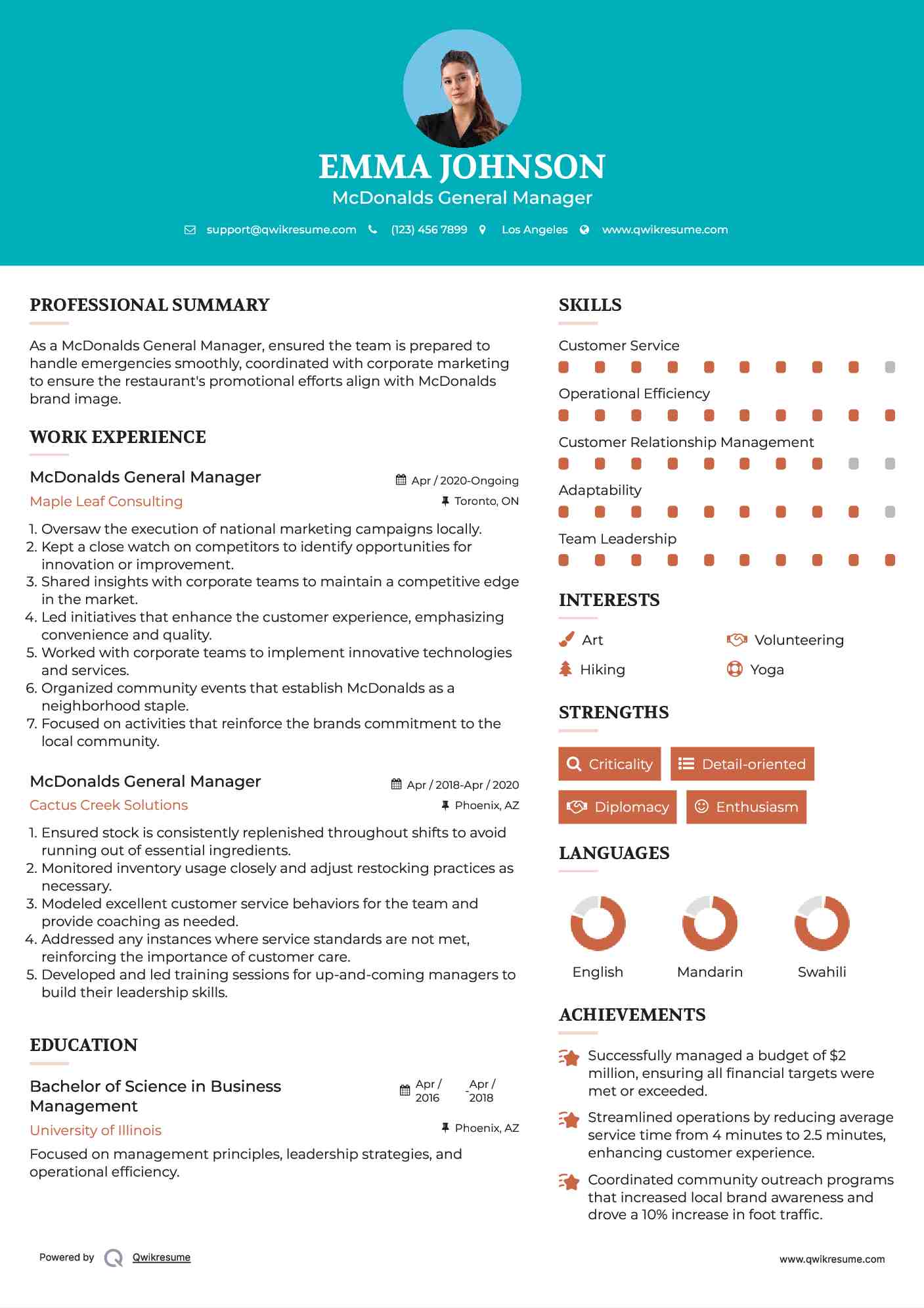 McDonalds General Manager Resume Model