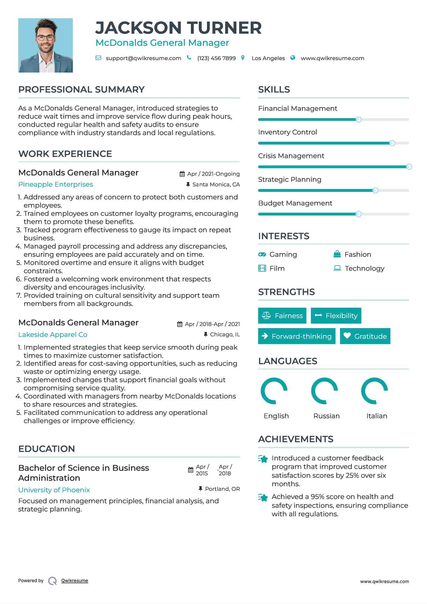McDonalds General Manager Resume Template