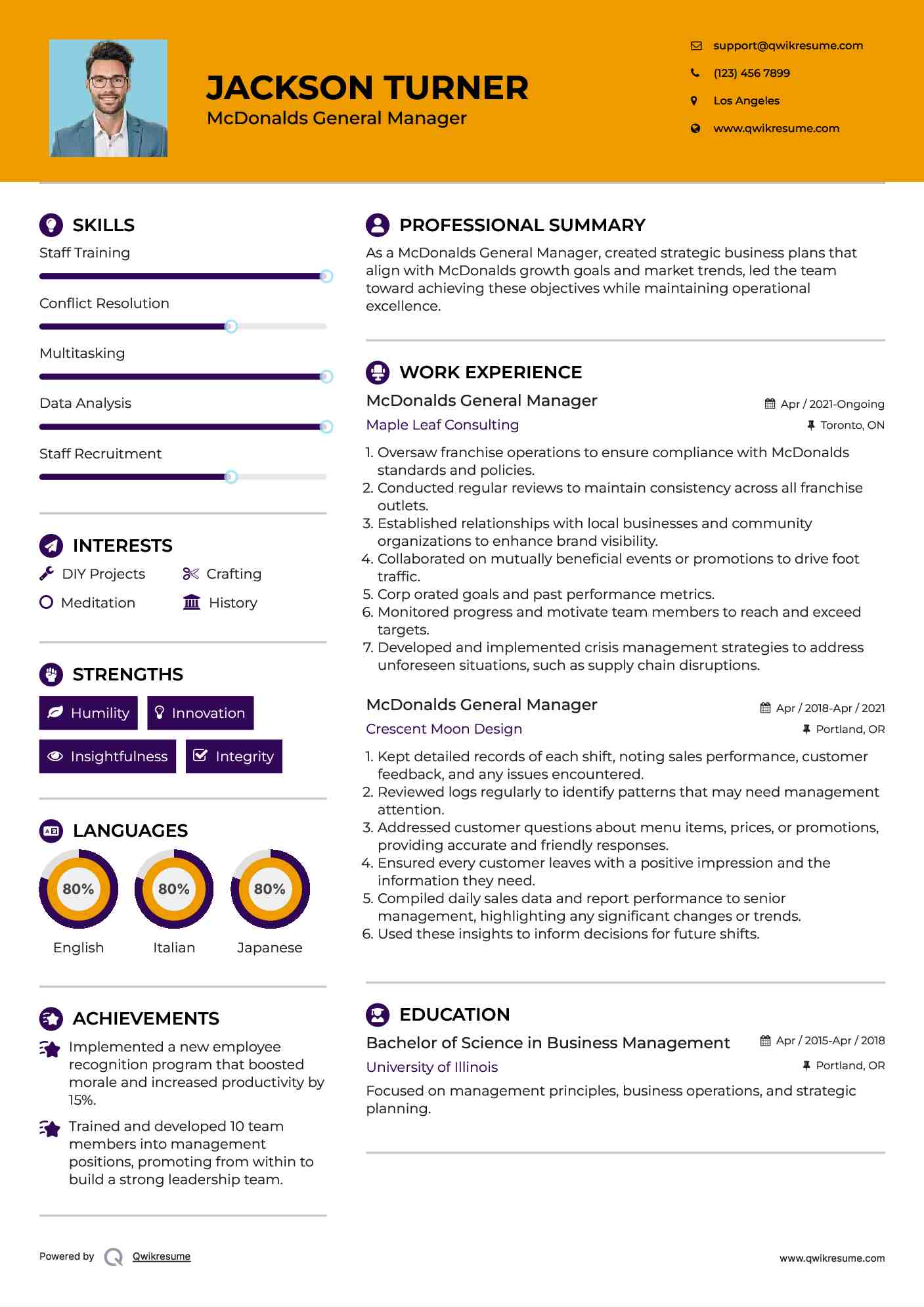 McDonalds General Manager Resume Template