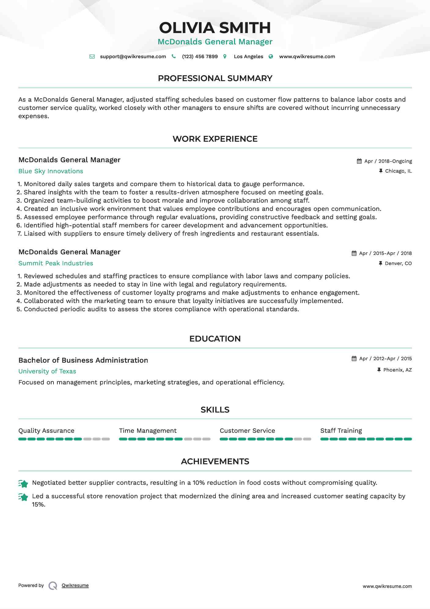 McDonalds General Manager Resume Model