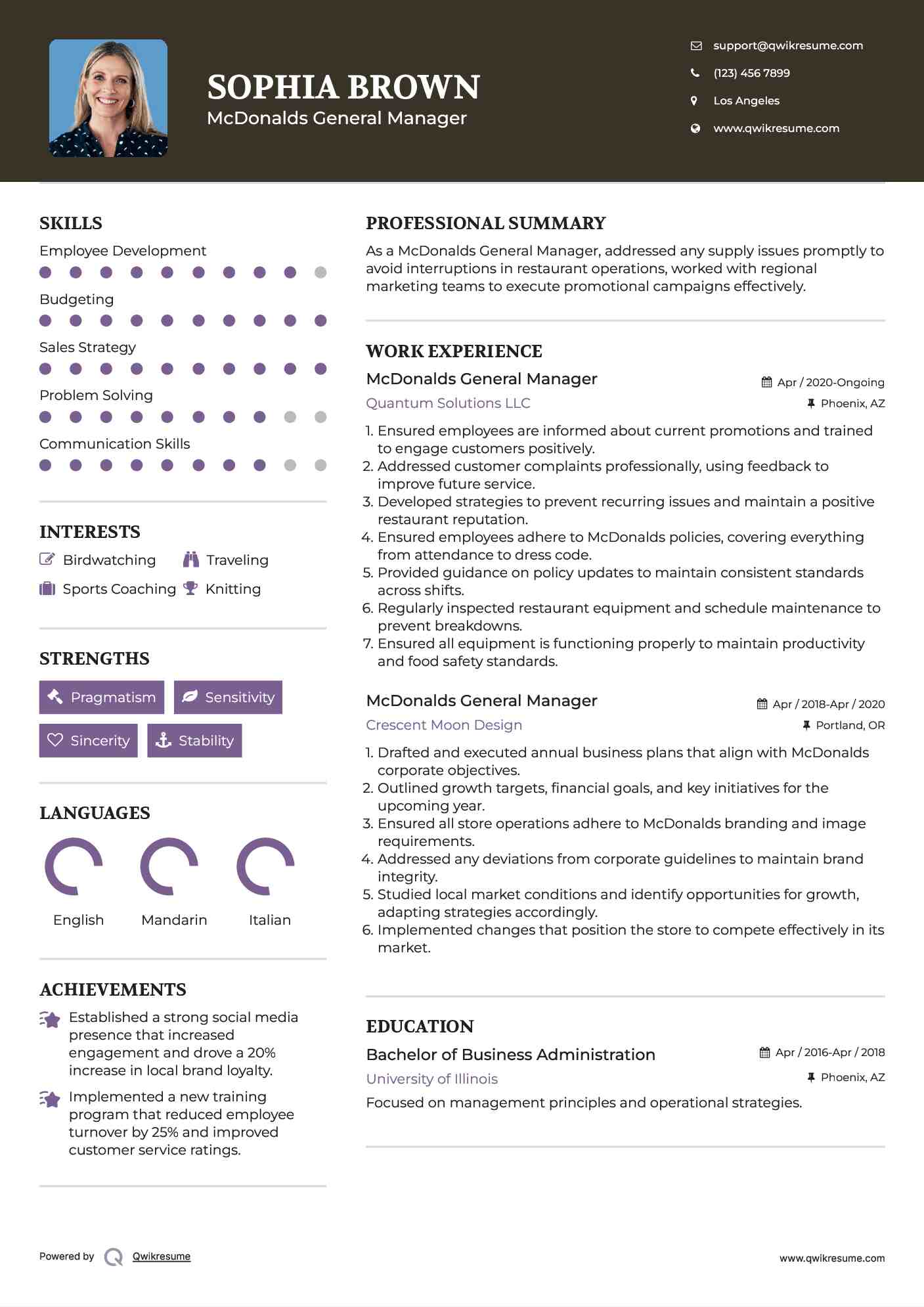 McDonalds General Manager Resume Format