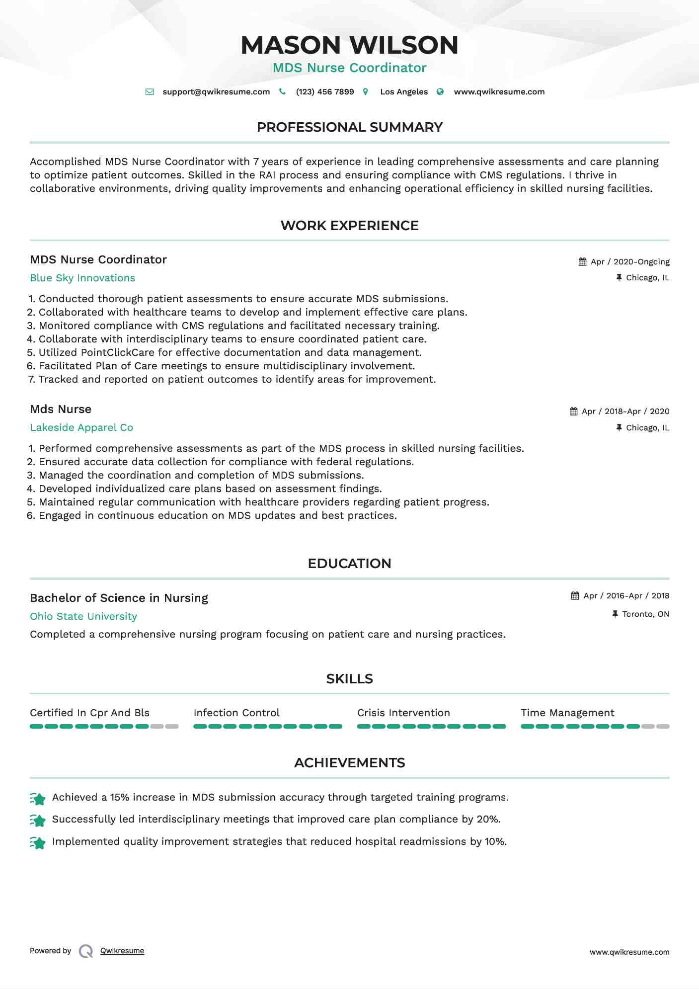 MDS Nurse Coordinator Resume Model