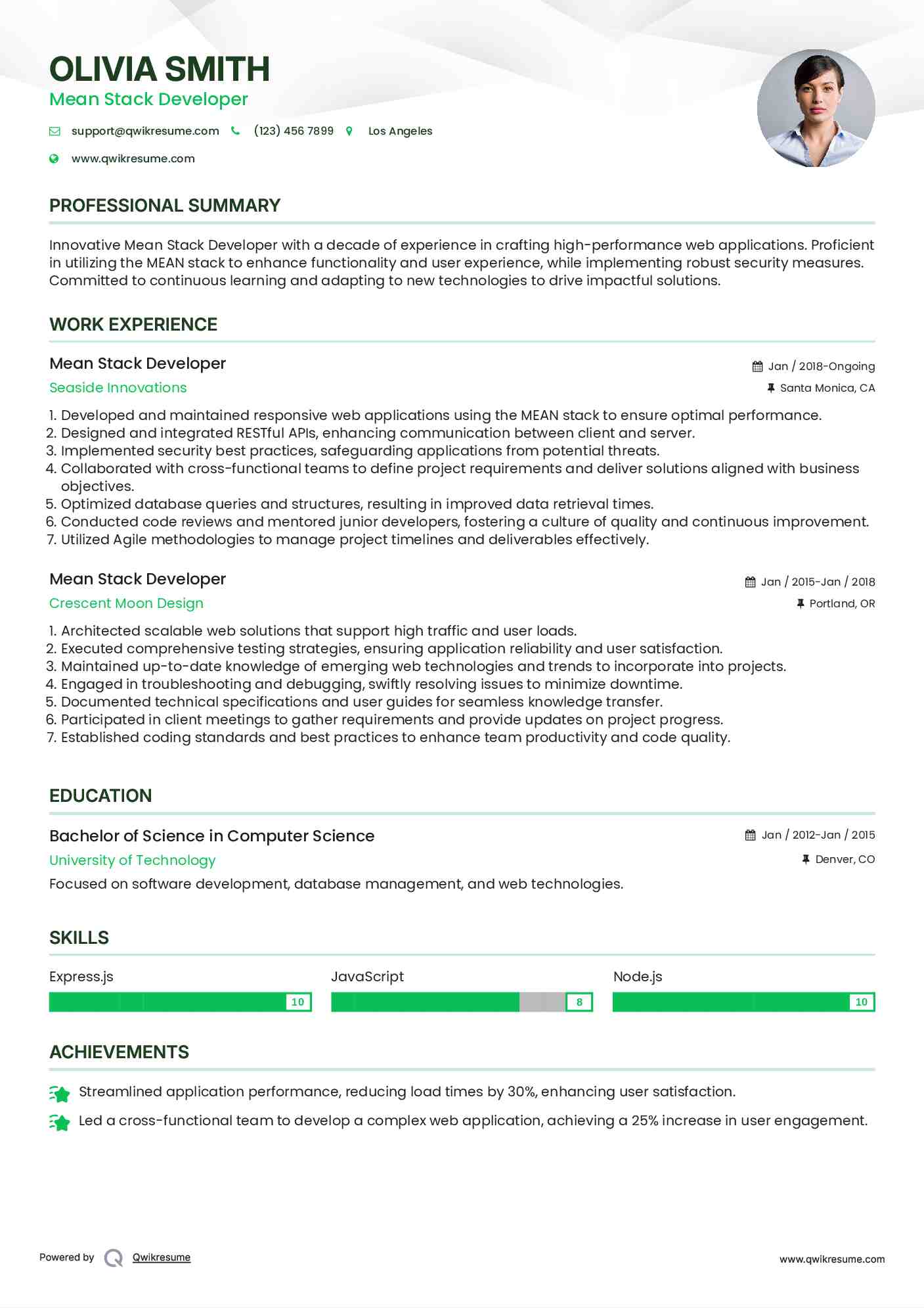 Mean Stack Developer Resume Template