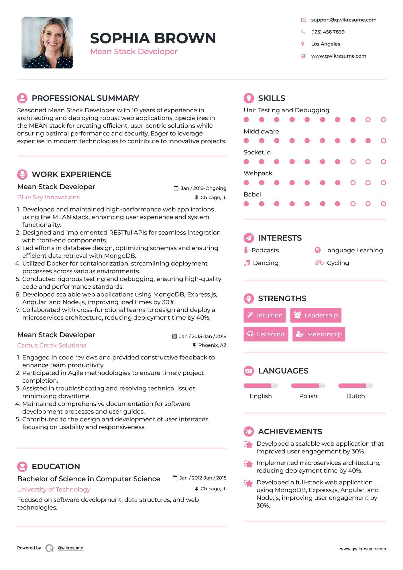 Mean Stack Developer Resume Template