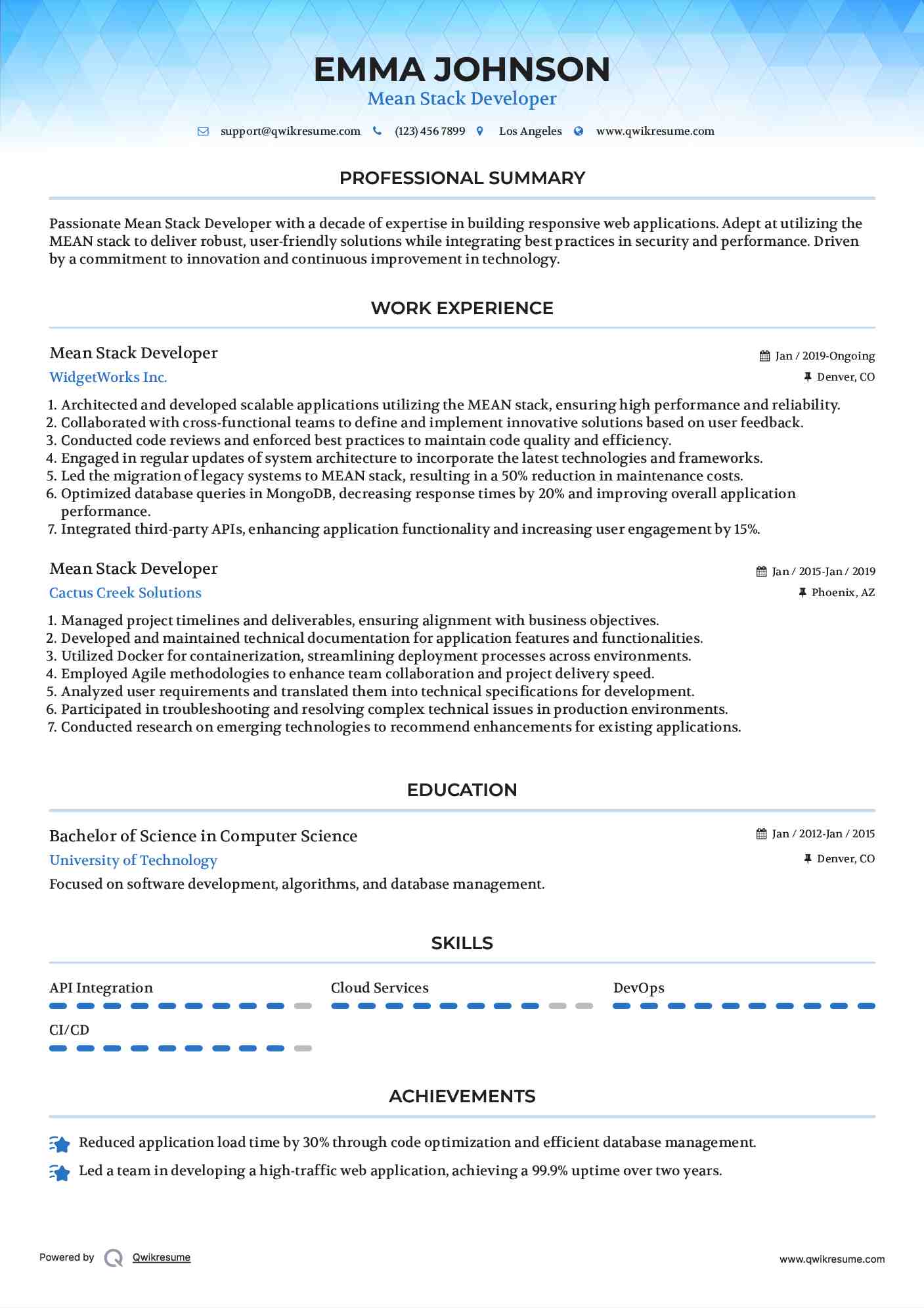 Mean Stack Developer Resume Template