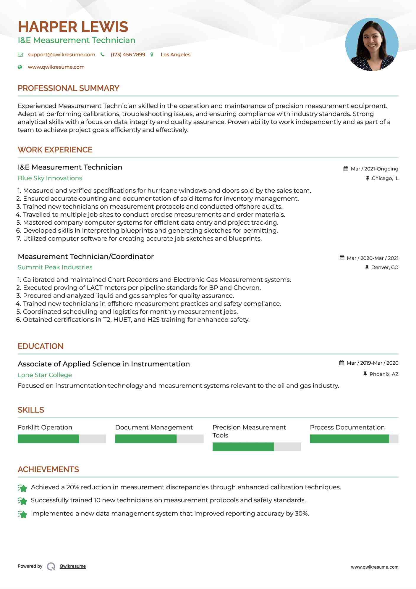 I&E Measurement Technician Resume Template