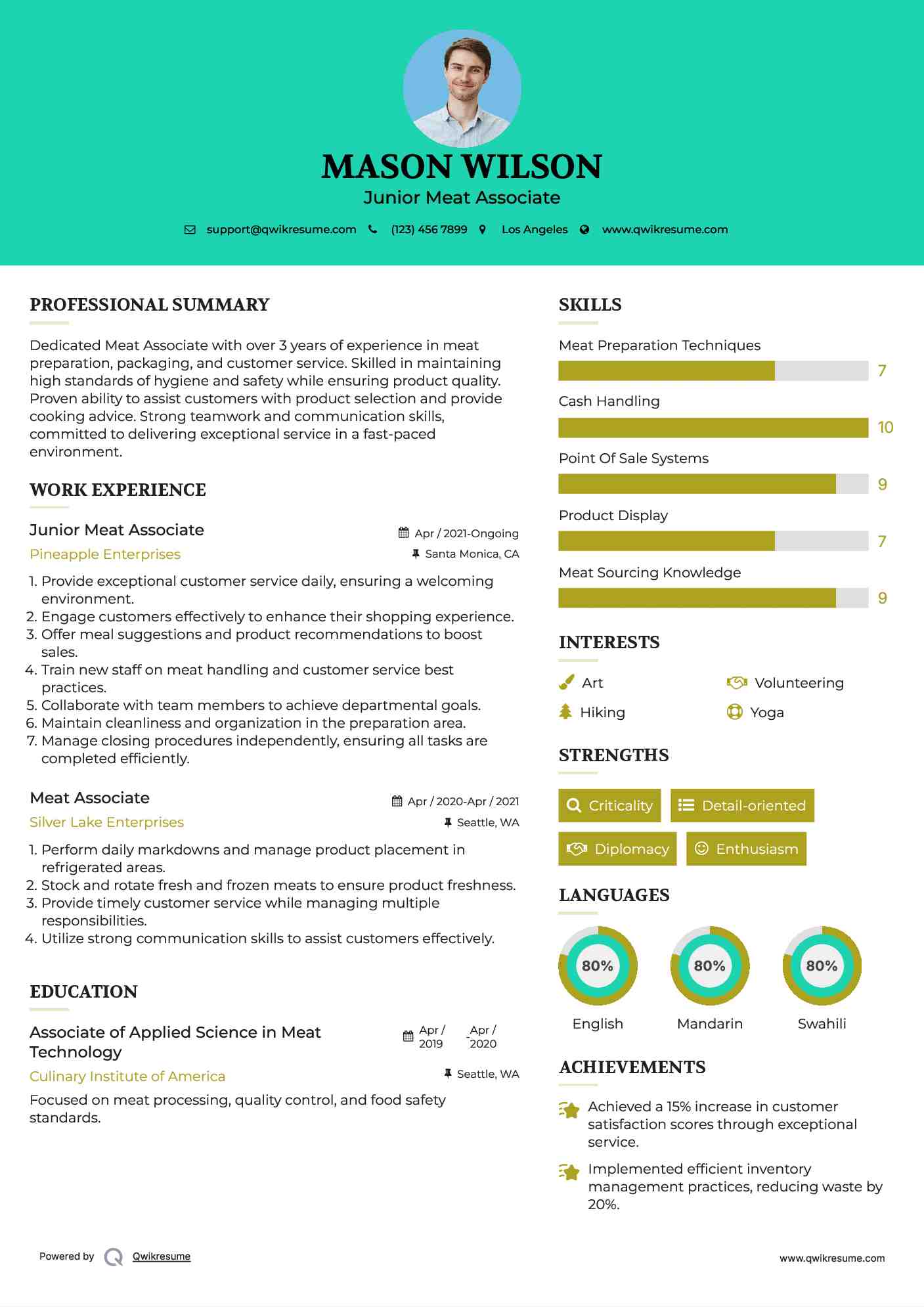 Junior Meat Associate Resume Template