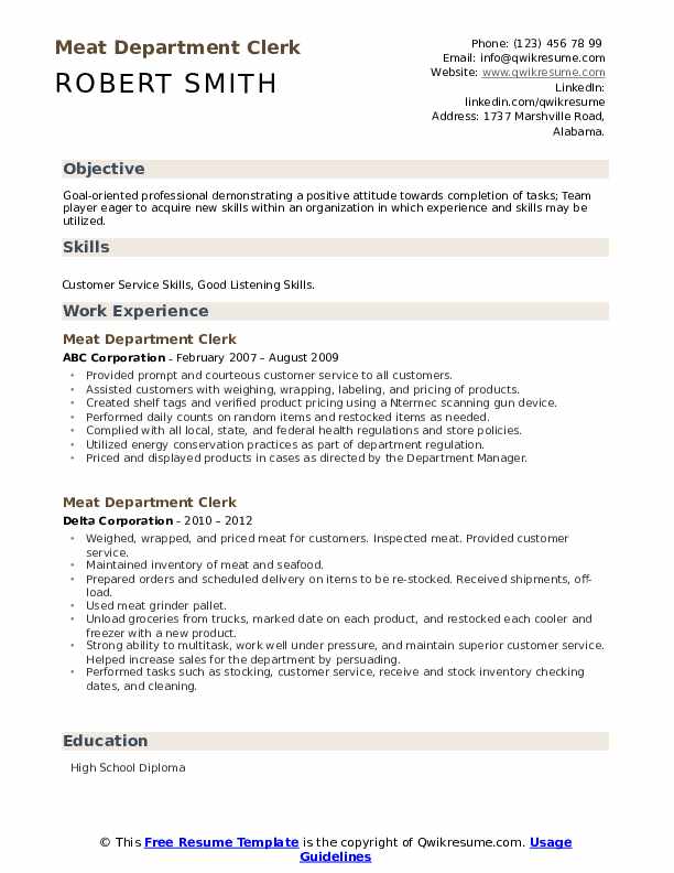 Meat Department Clerk Resume Samples QwikResume