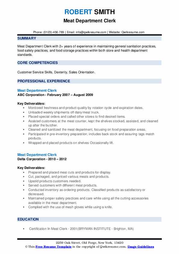 Meat Department Clerk Resume Samples QwikResume