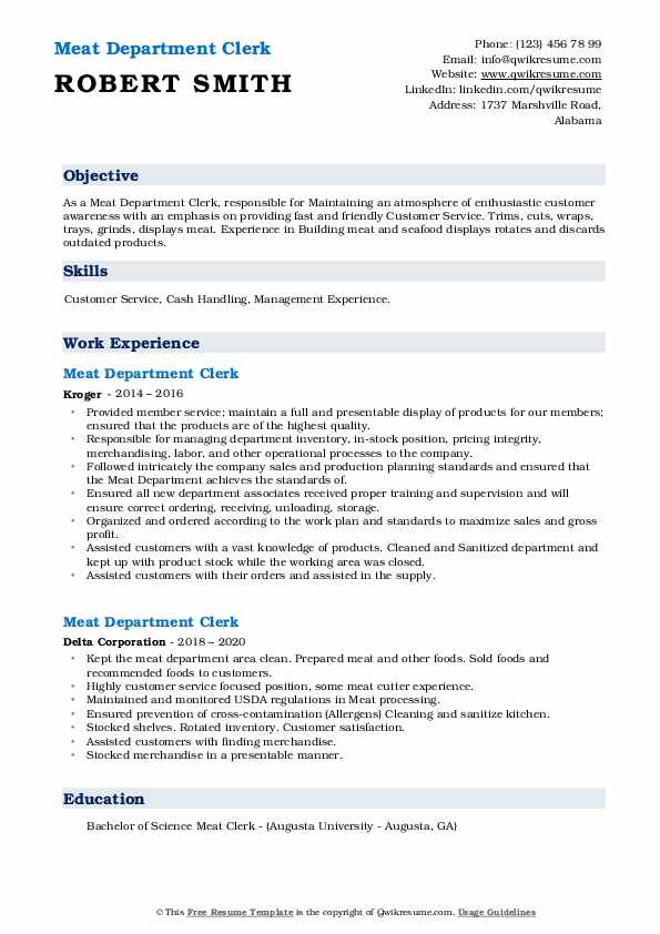 Meat Department Clerk Resume Samples QwikResume