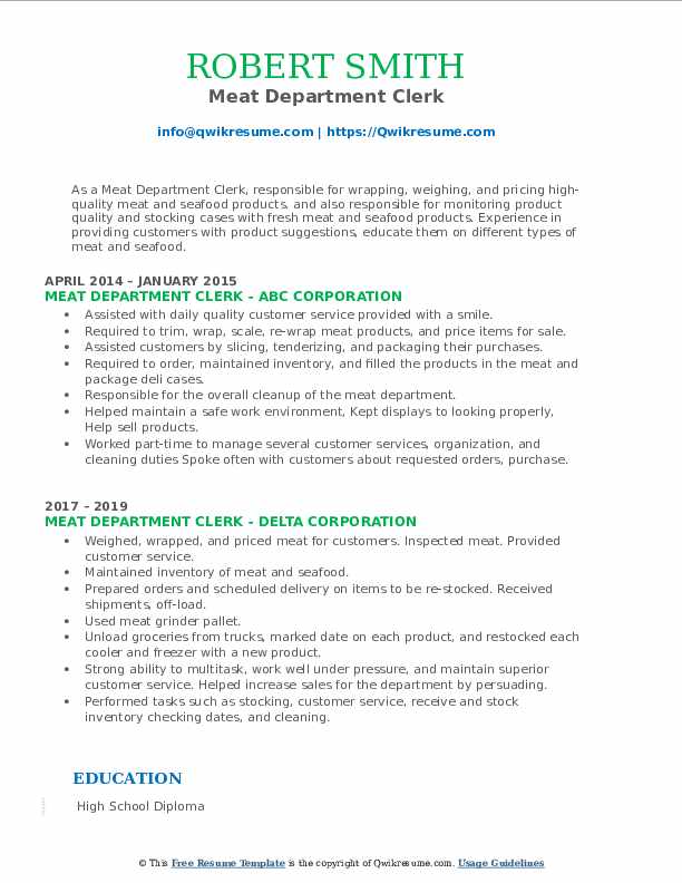 Meat Department Clerk Resume Samples QwikResume